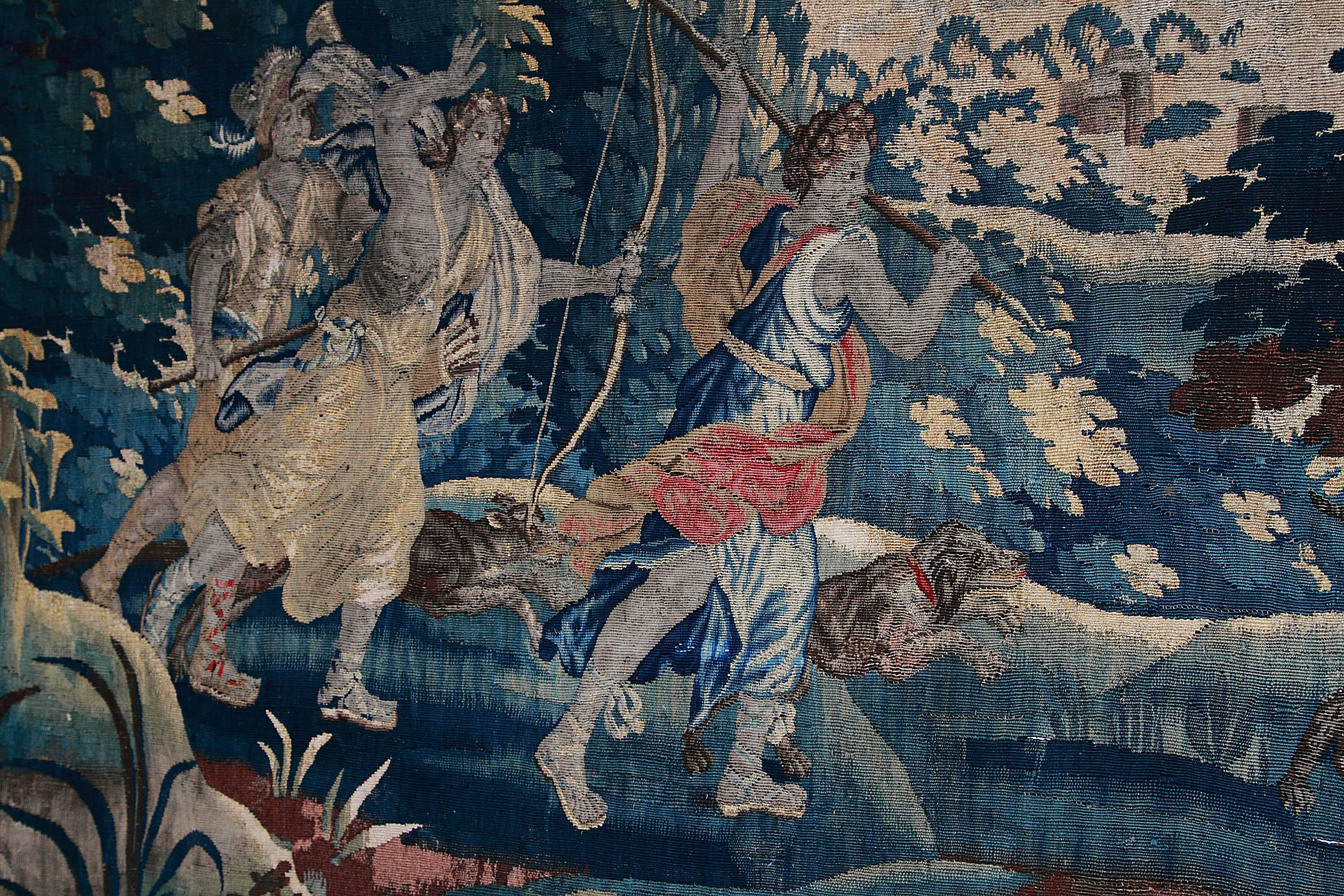 Woven 18th Century Aubusson Tapestry Featuring Diana, Goddess of the Hunt