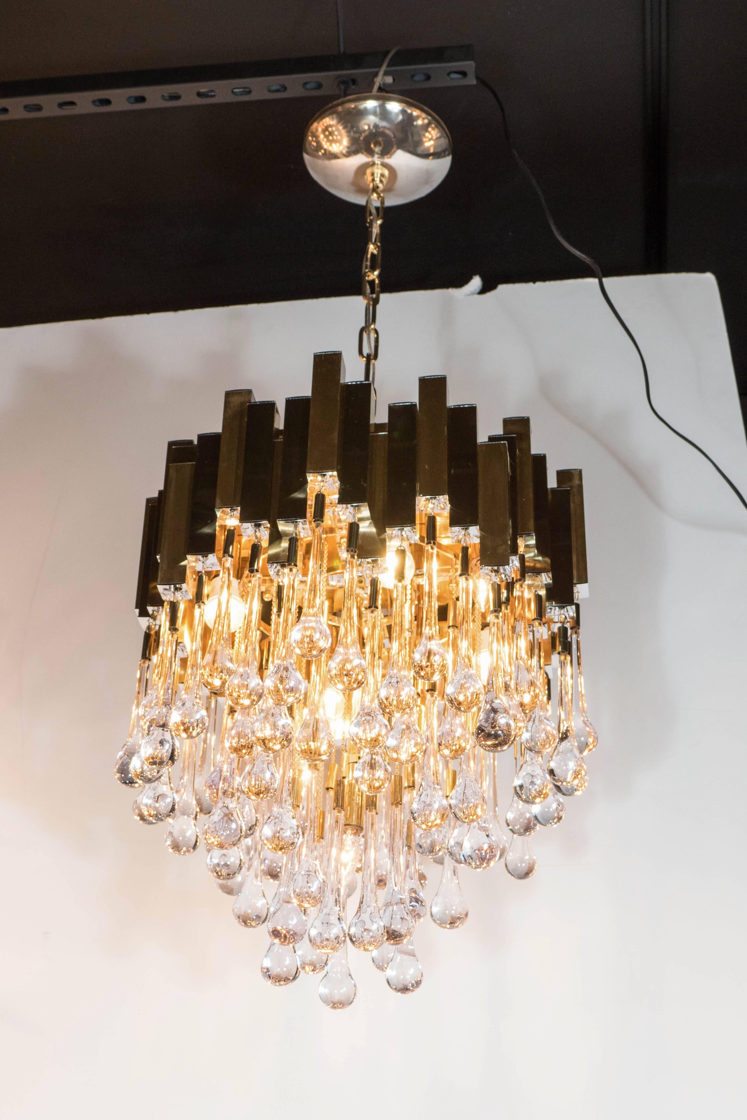 Mid-Century Modern Modernist Chandelier in Brass and Crystal Droplets by Sciolari