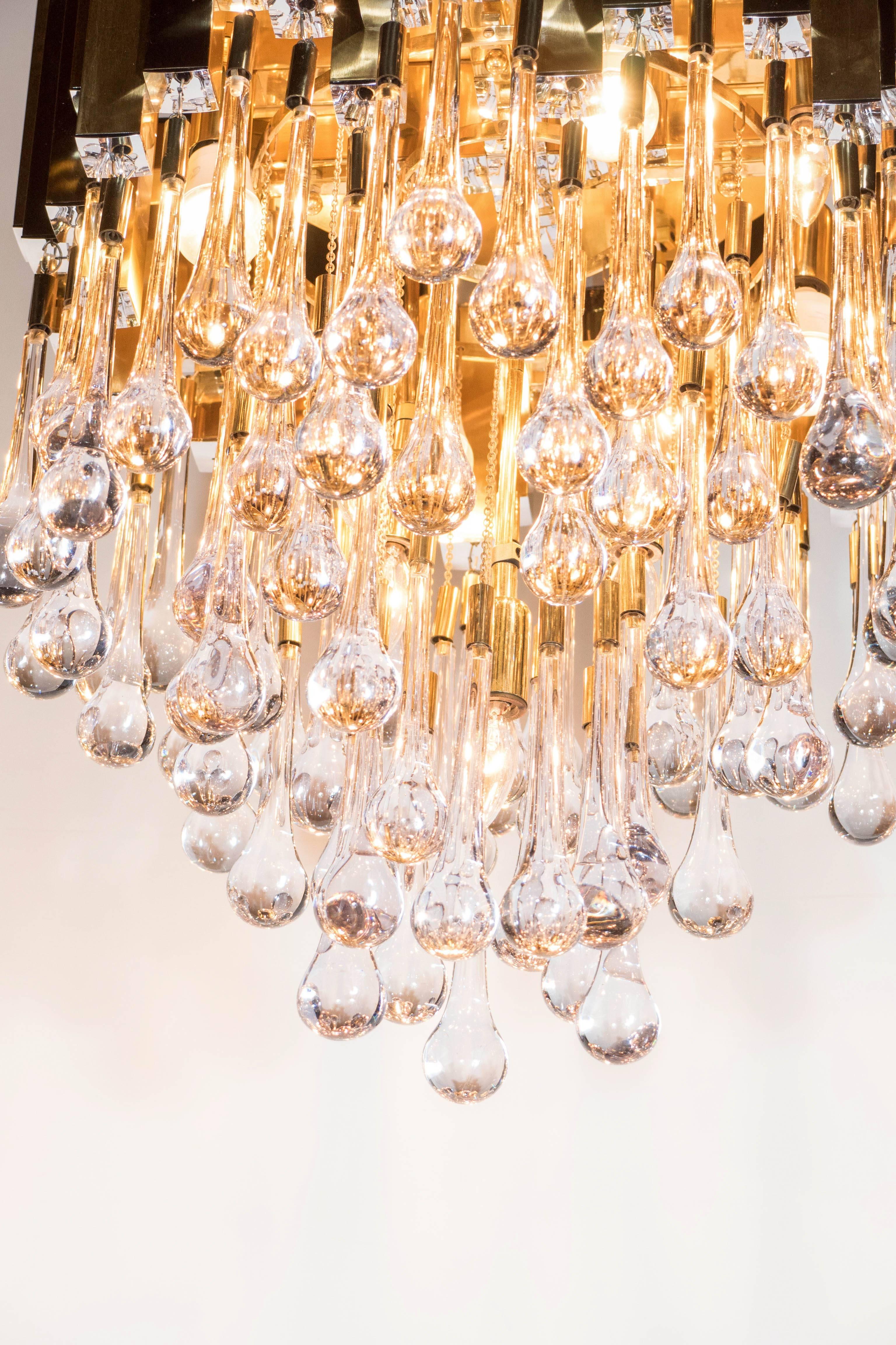 Italian Modernist Chandelier in Brass and Crystal Droplets by Sciolari