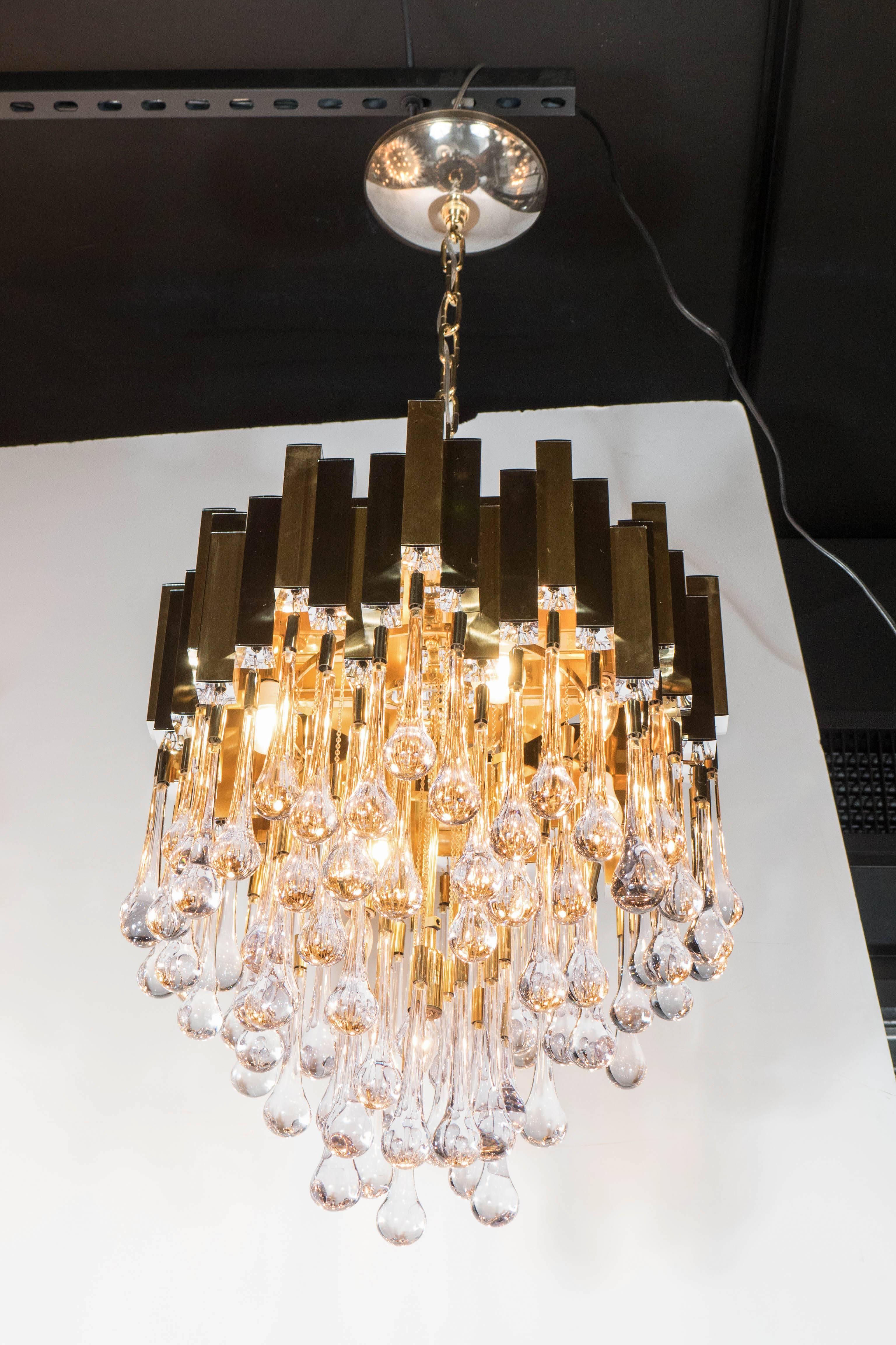 Modernist Chandelier in Brass and Crystal Droplets by Sciolari 1