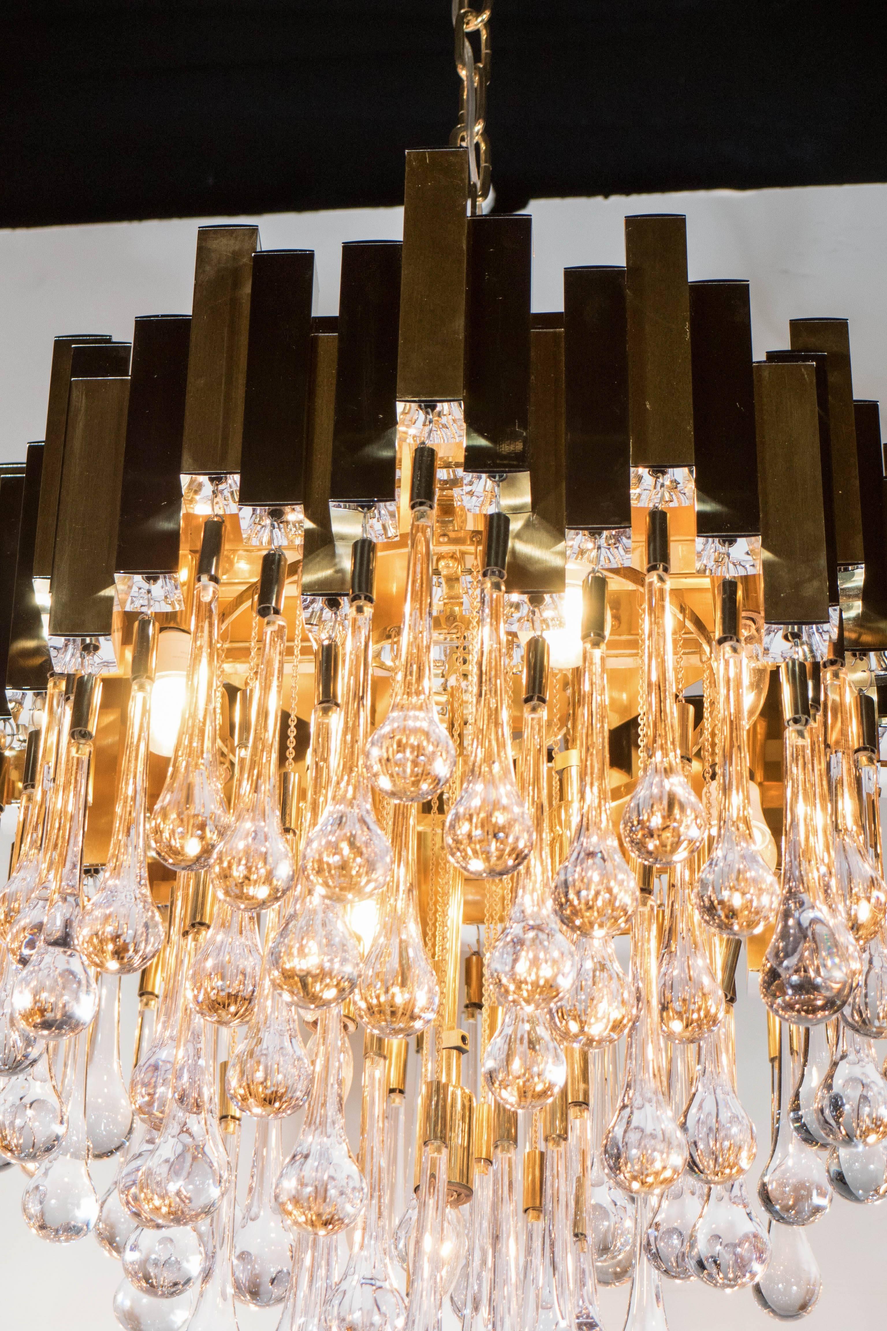 Modernist Chandelier in Brass and Crystal Droplets by Sciolari 2