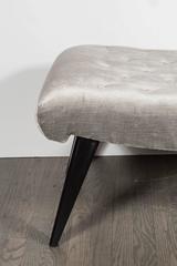 Mid-Century Ebonized Walnut and Smoked Platinum Velvet Bench with Splayed Legs