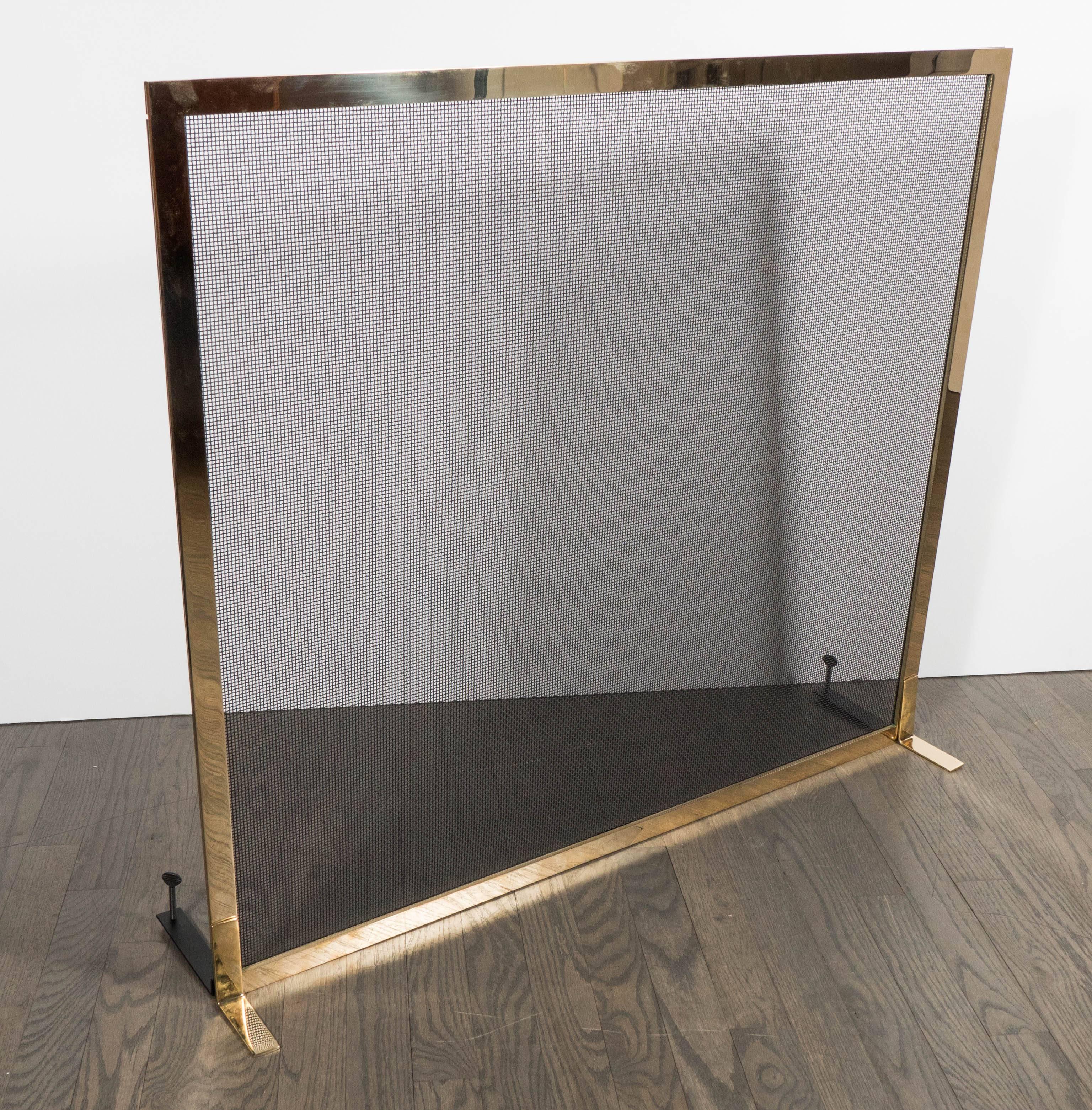 Contemporary Custom Minimalist Fire Screen Polished & Lacquered Brass and Iron Mesh
