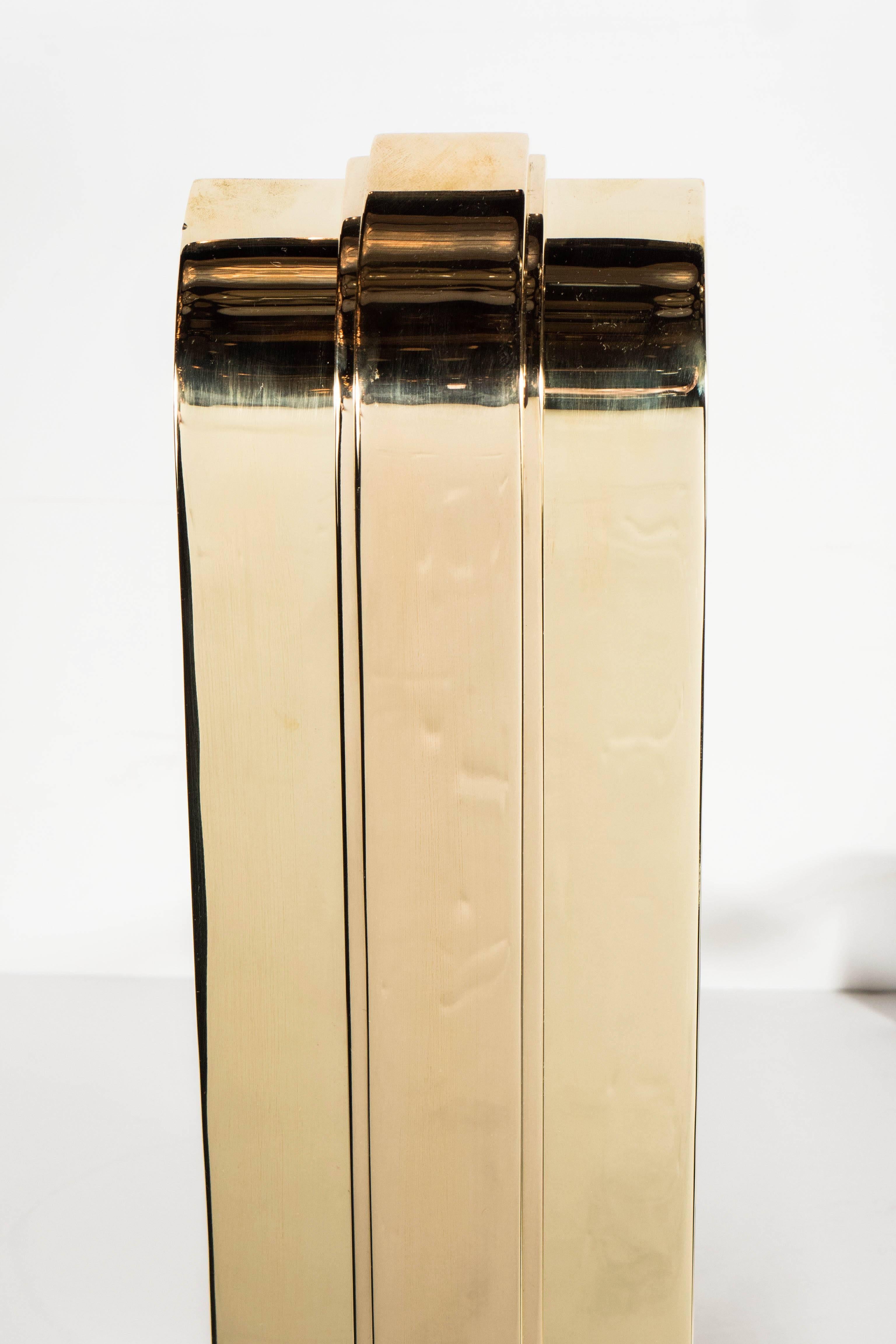 Custom Art Deco Style Skyscraper Andirons Displayed in Polished Brass In Excellent Condition For Sale In New York, NY