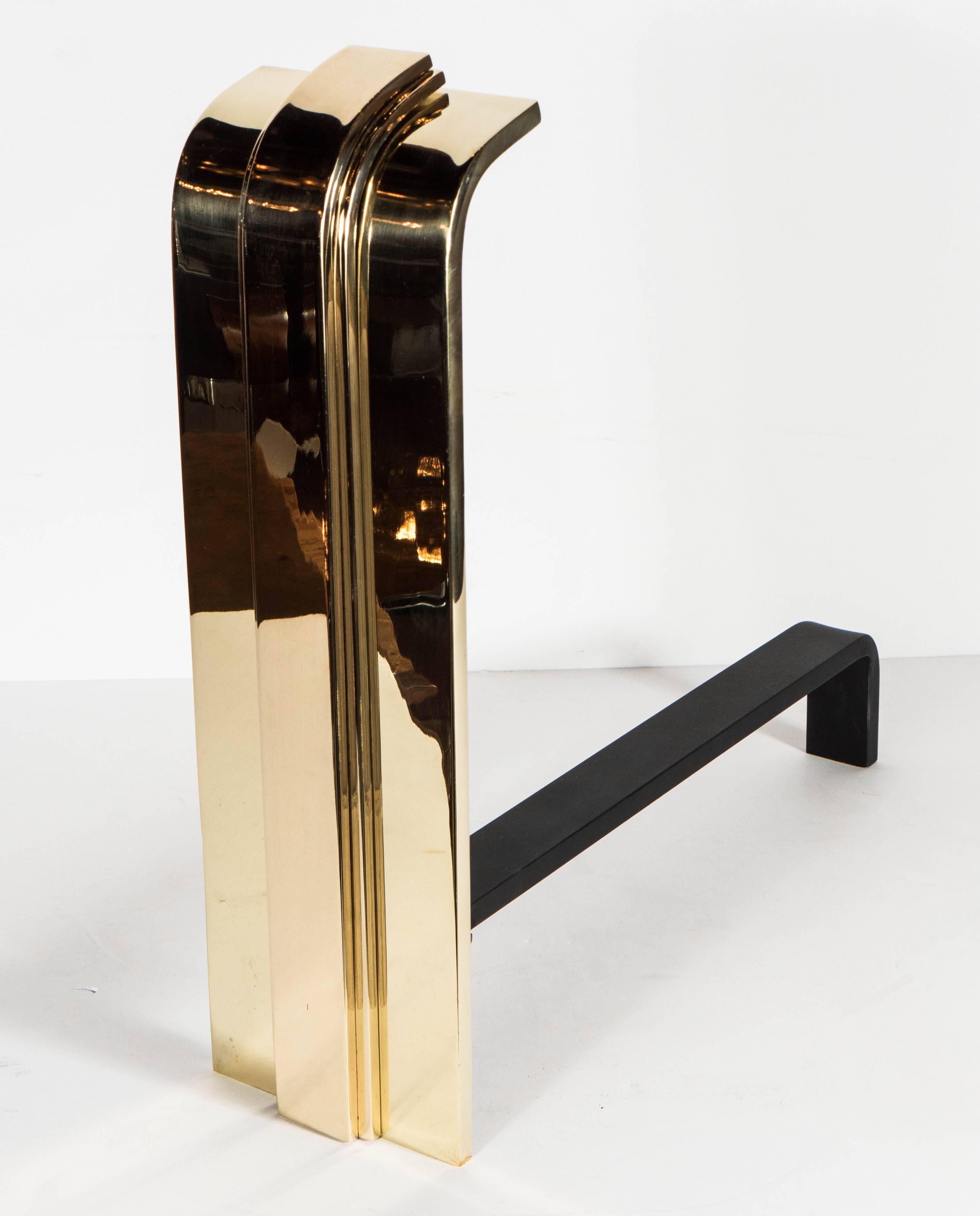 Iron Custom Art Deco Style Skyscraper Andirons Displayed in Polished Brass For Sale