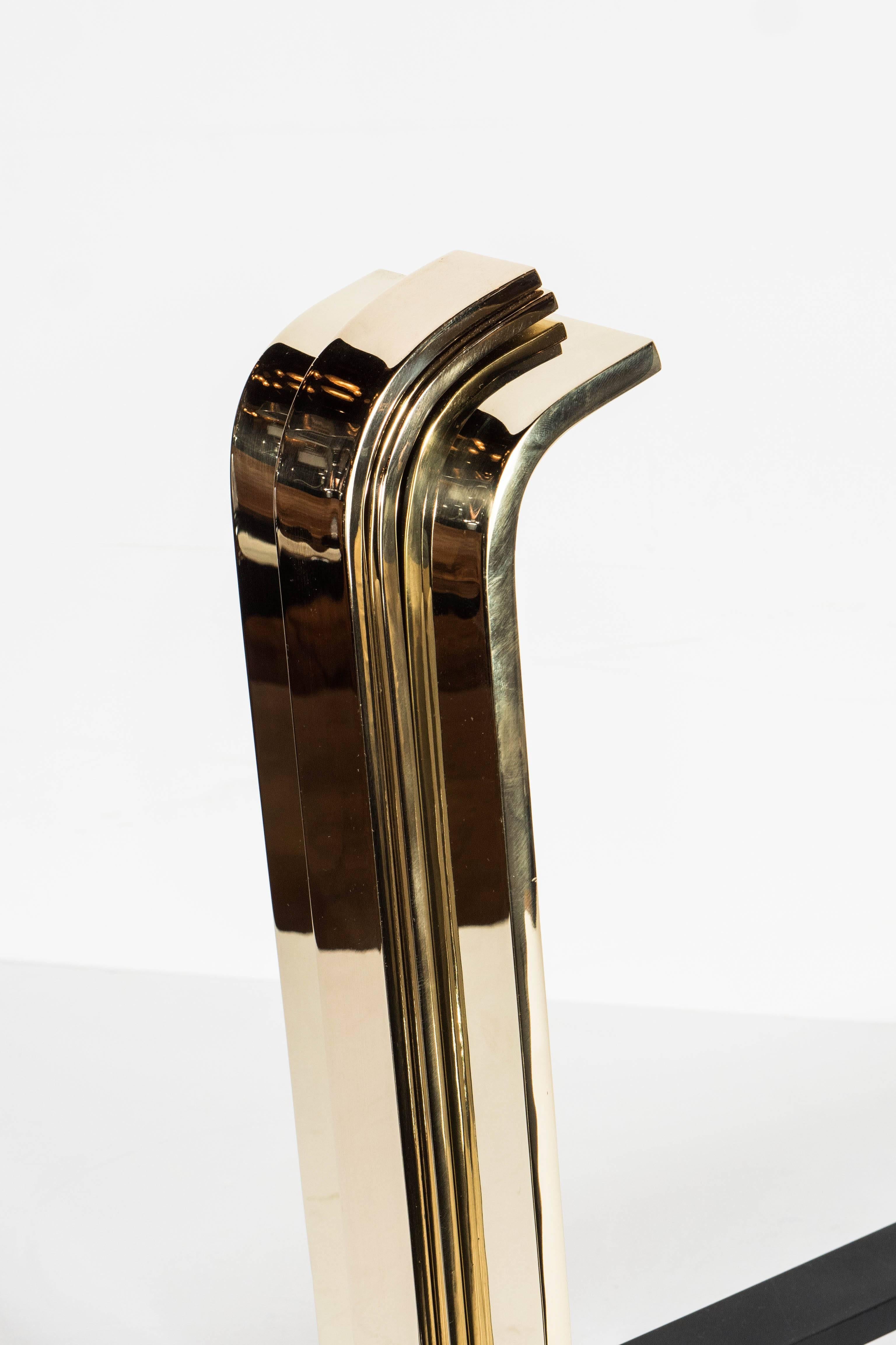Custom Art Deco Style Skyscraper Andirons Displayed in Polished Brass For Sale 1