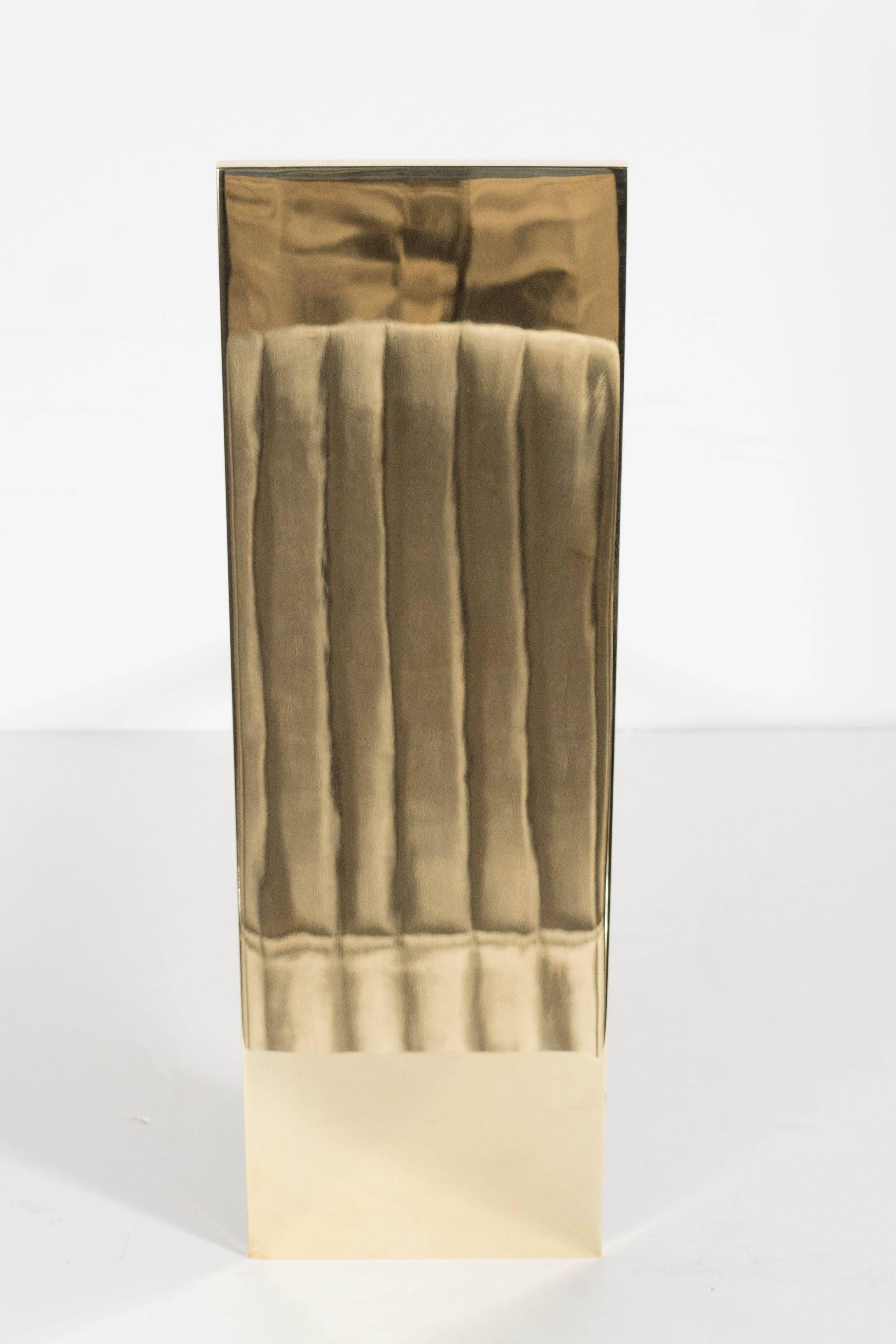 Iron Pair of Custom Mid-Century Modernist Style Polished Brass Rectangular Andirons For Sale