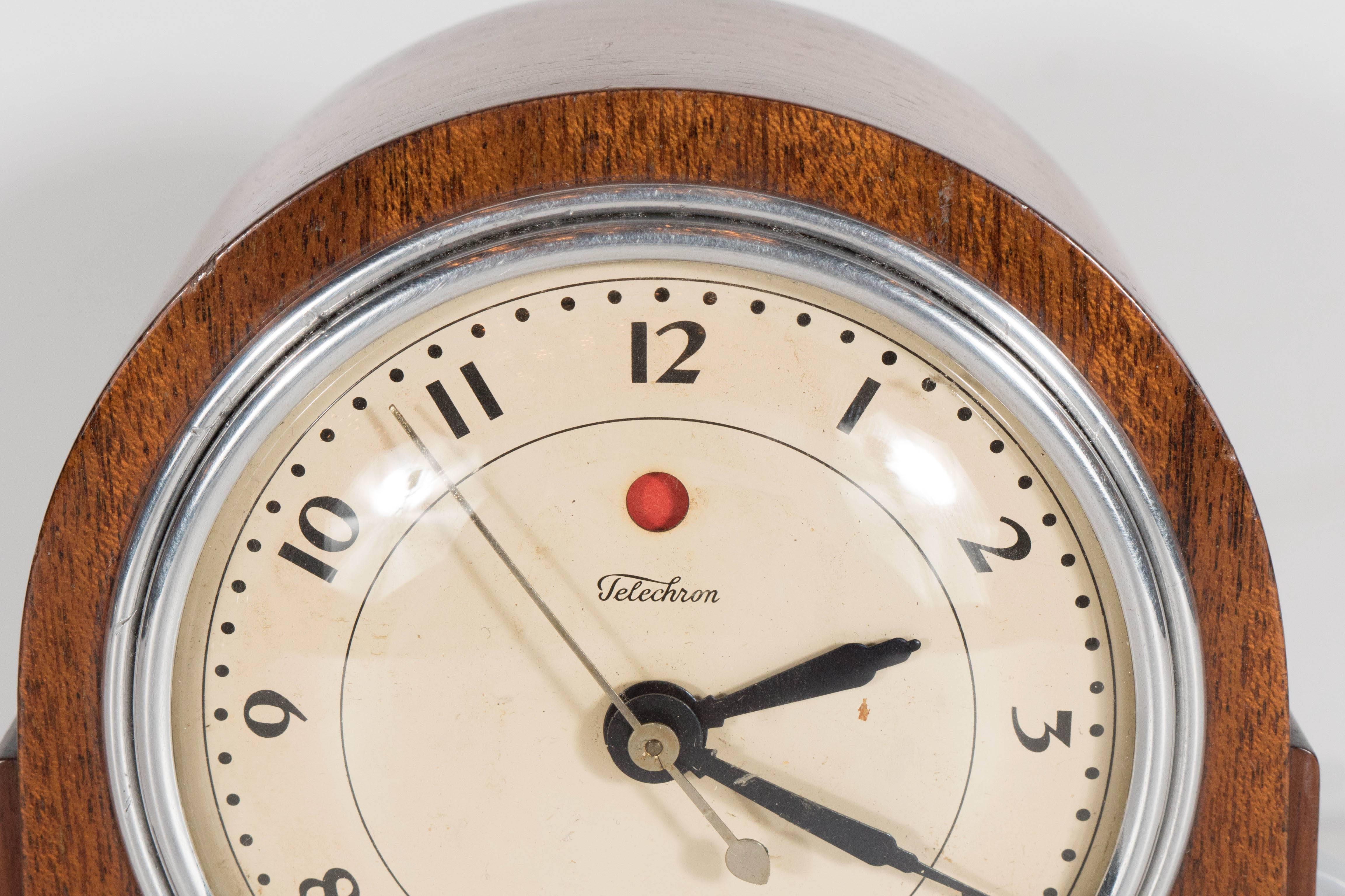 American Exemplary Streamline Art Deco Mahogany and Chrome Table Clock by Telechron