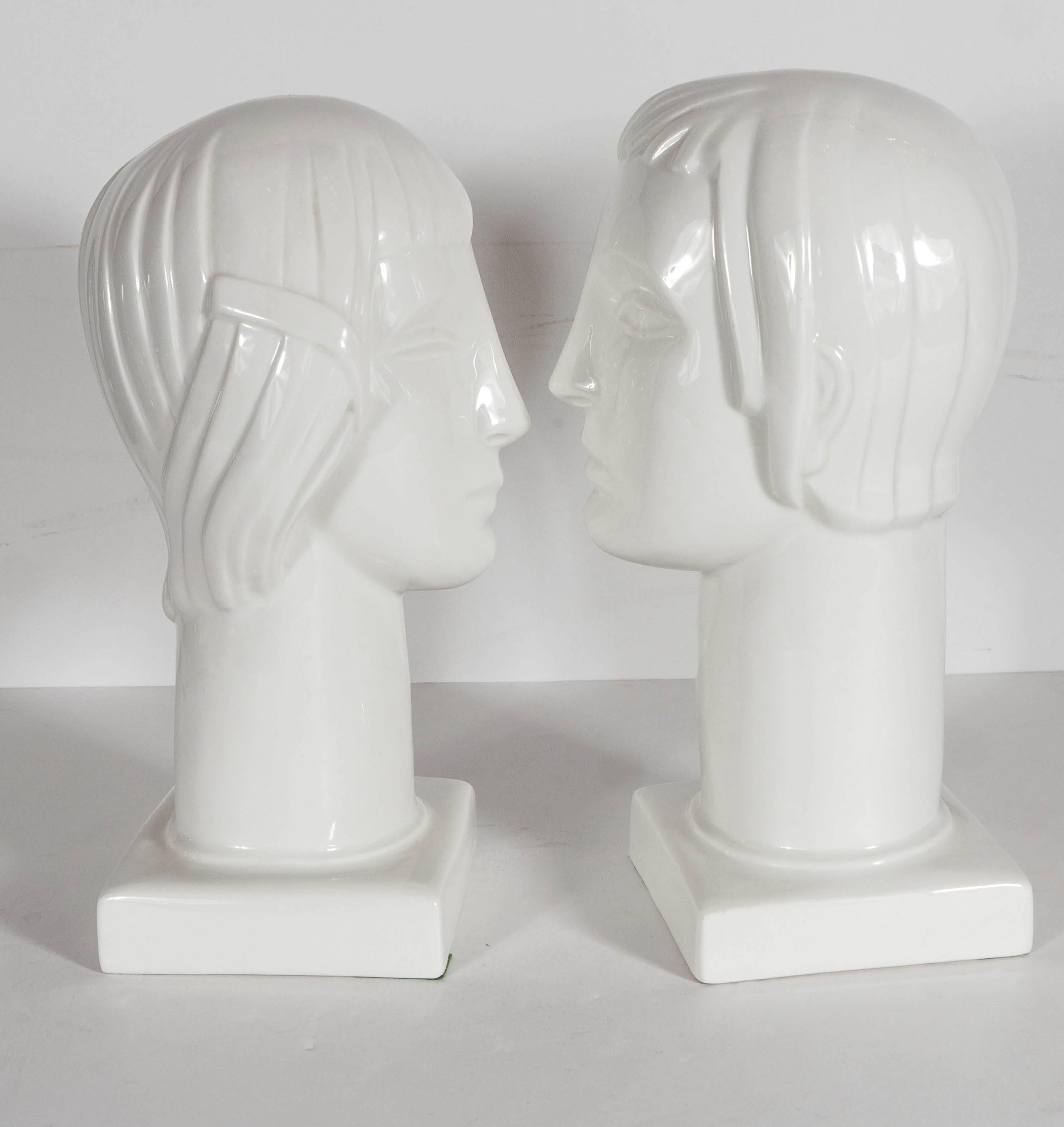 Pair of Art Deco by Geza De Vegh for Lamberton Scammell Porcelain Figure Heads In Excellent Condition In New York, NY