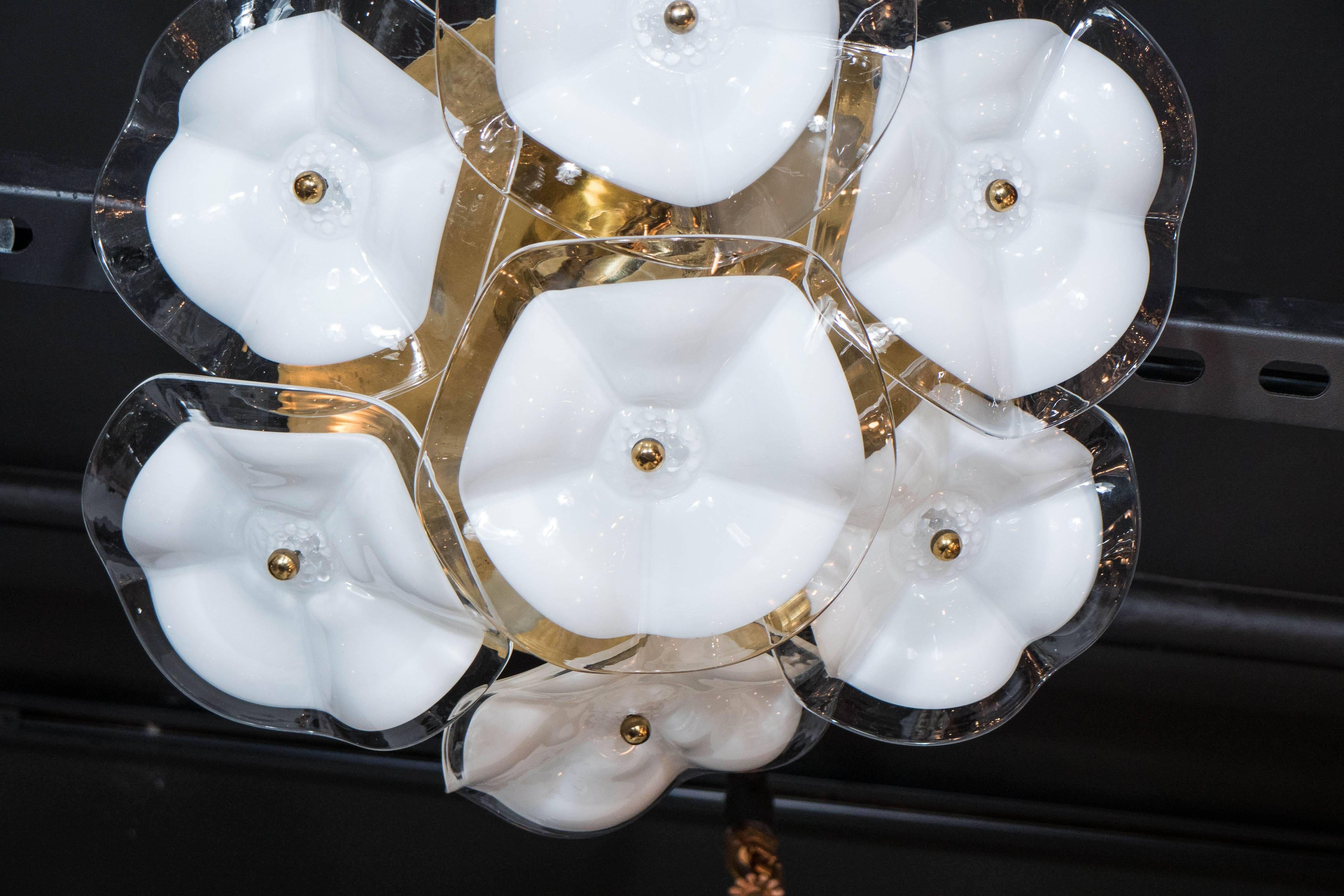 Mid-Century Modern Exquisite Flush Mount Chandelier in Brass and Two-Toned Glass Flowers by Mazzega