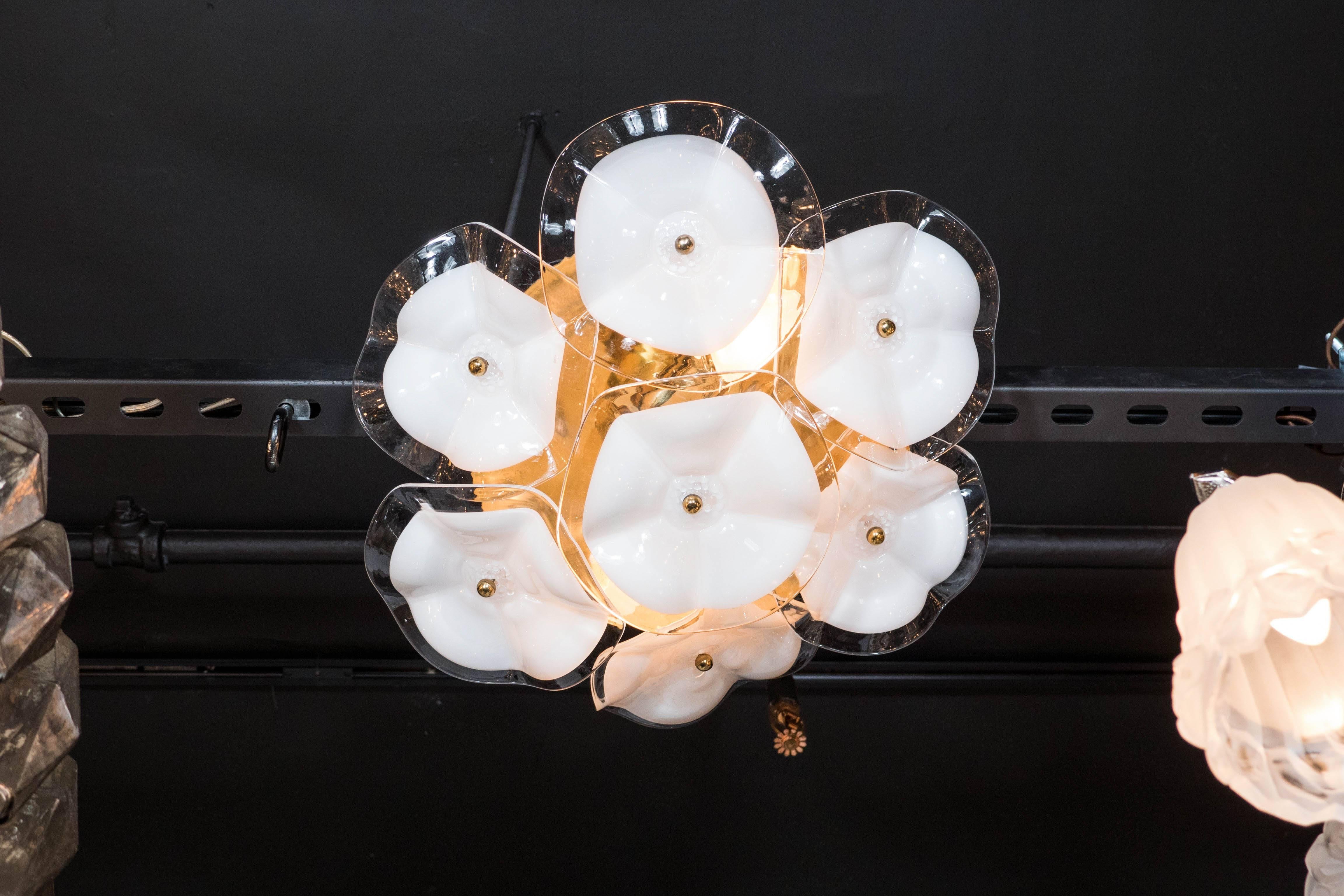 Exquisite Flush Mount Chandelier in Brass and Two-Toned Glass Flowers by Mazzega 1