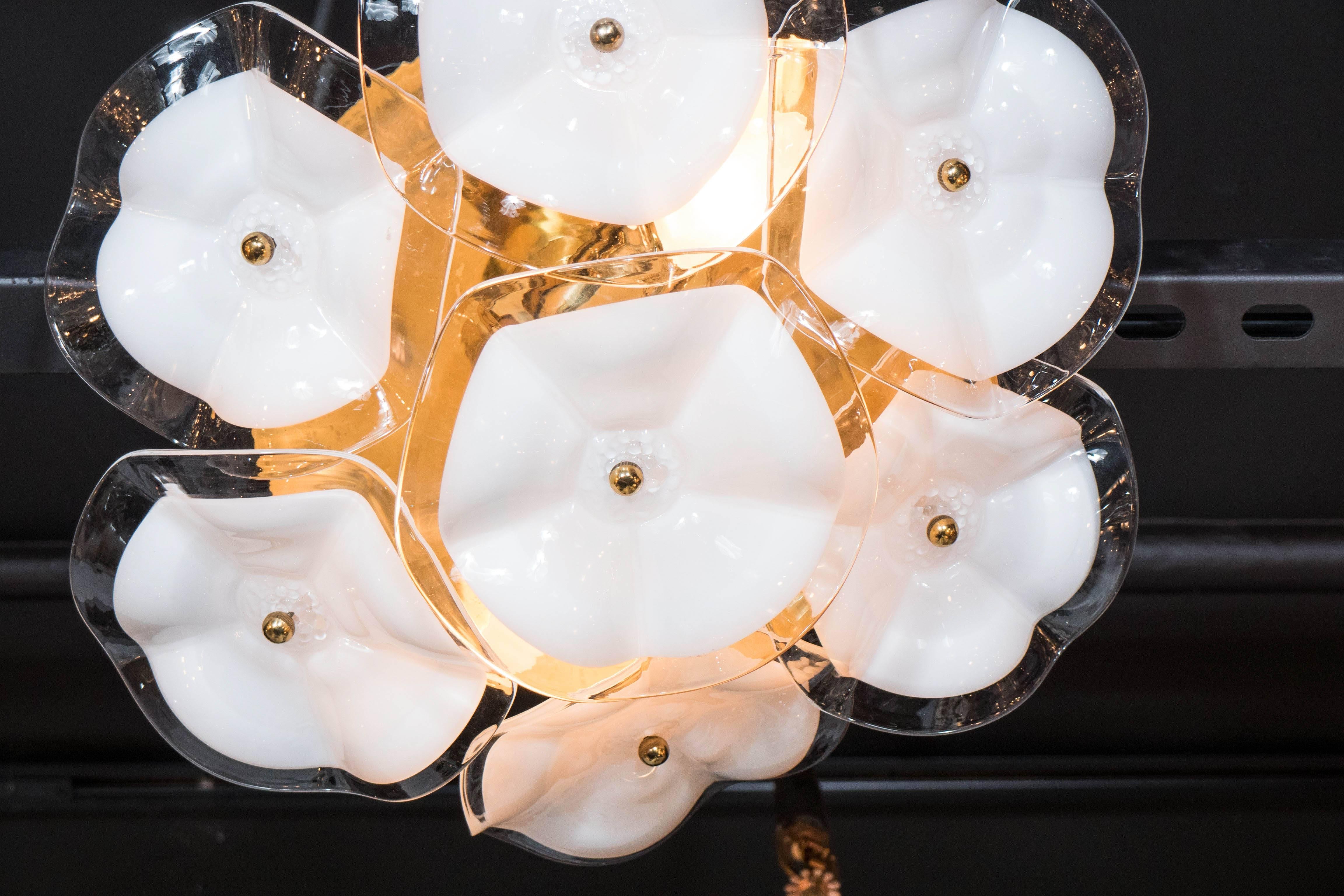 Exquisite Flush Mount Chandelier in Brass and Two-Toned Glass Flowers by Mazzega 2