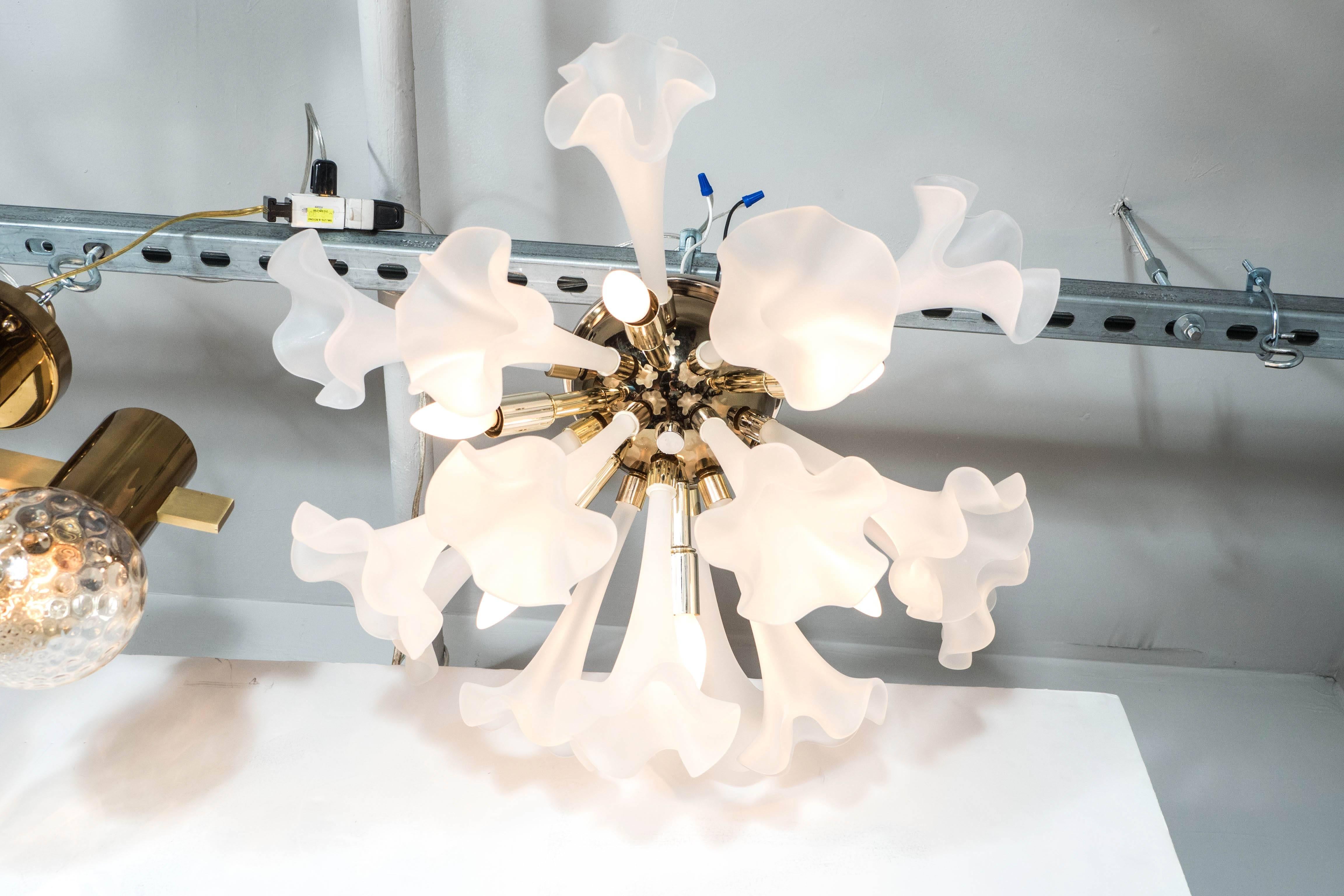 Italian Handblown Flush Mount Murano Chandelier in Brass with Frosted Glass Flowers For Sale