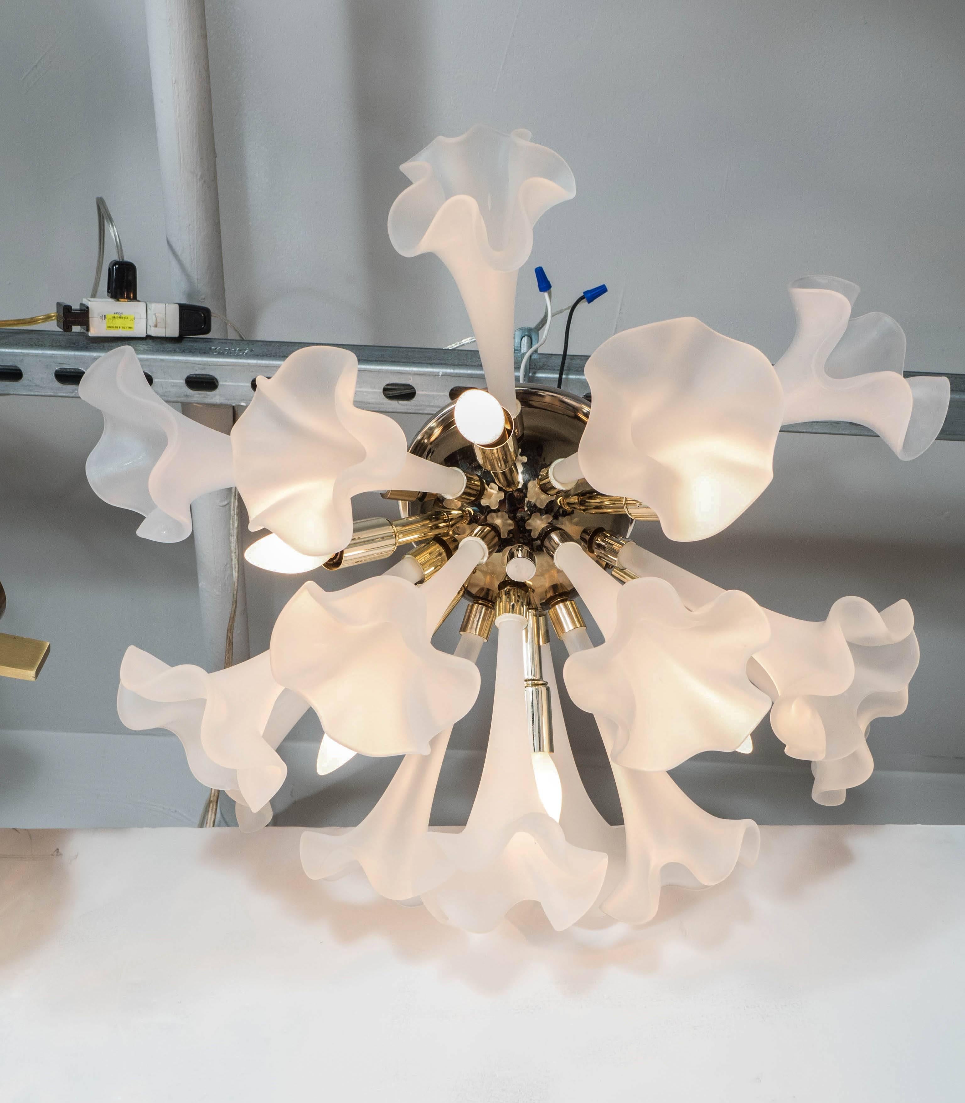 Handblown Flush Mount Murano Chandelier in Brass with Frosted Glass Flowers In Excellent Condition For Sale In New York, NY