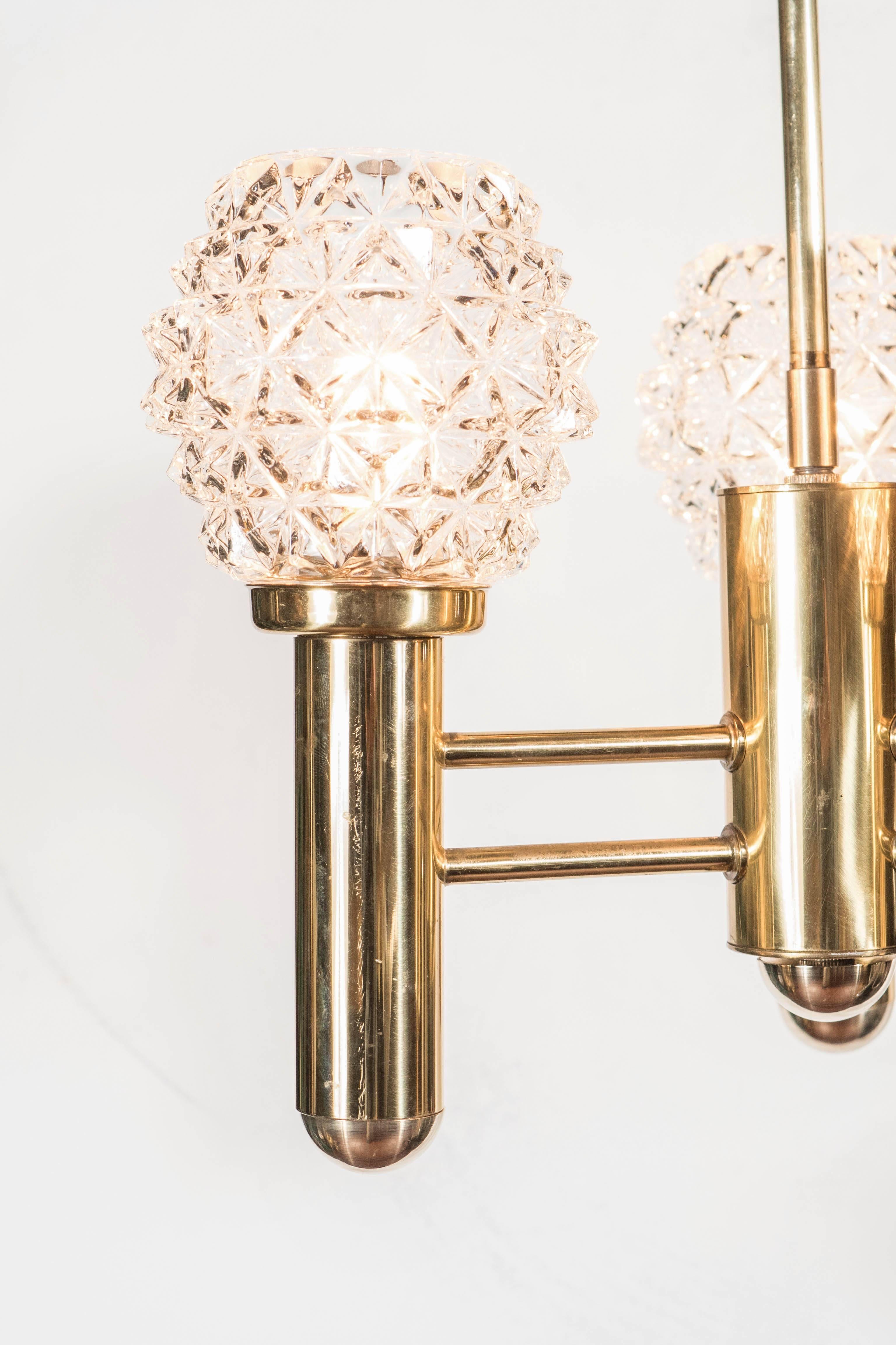 Mid-Century Modern Sophisticated Three-Arm Chandelier in Brass with Crystal Shades by Richard Essig