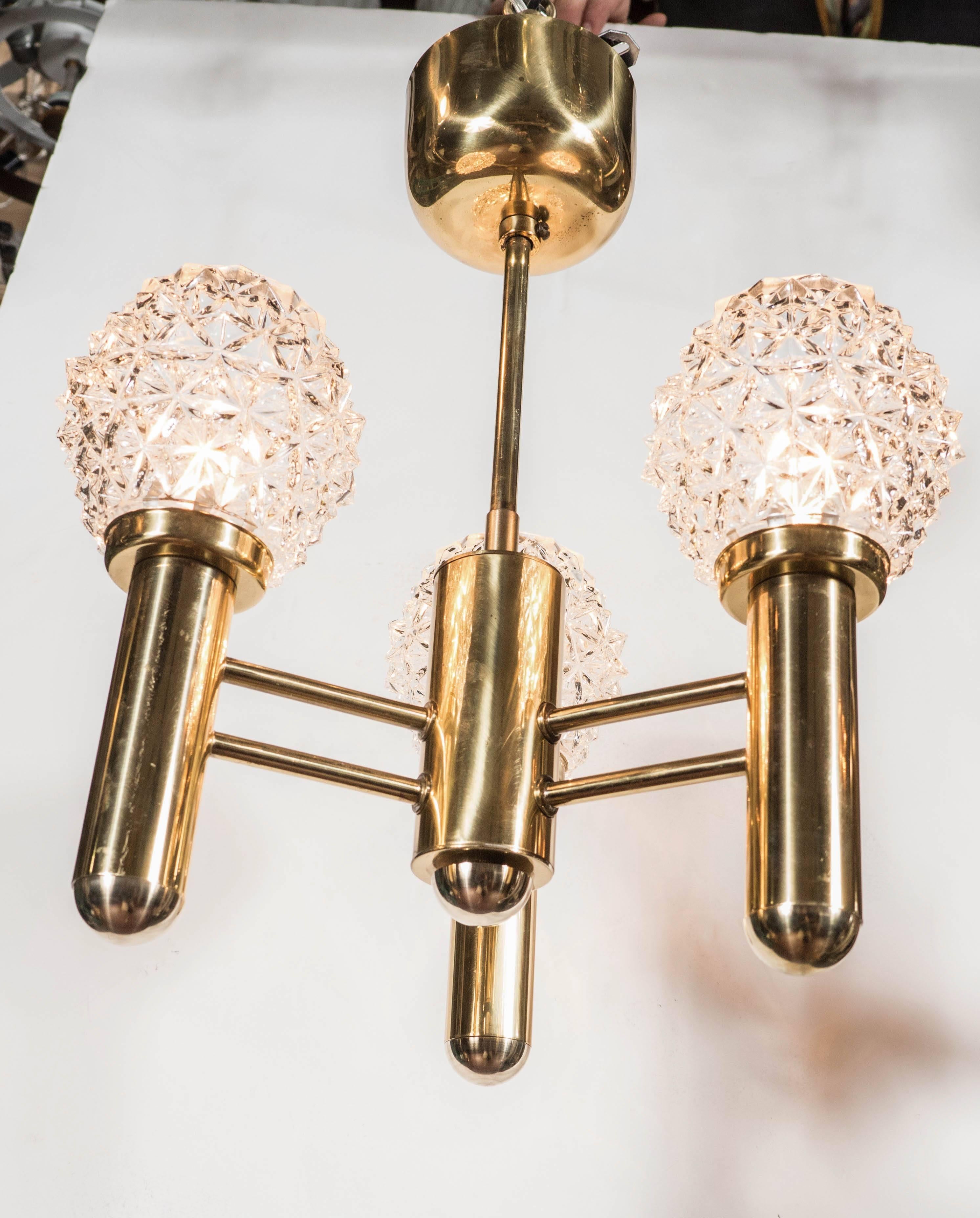 German Sophisticated Three-Arm Chandelier in Brass with Crystal Shades by Richard Essig