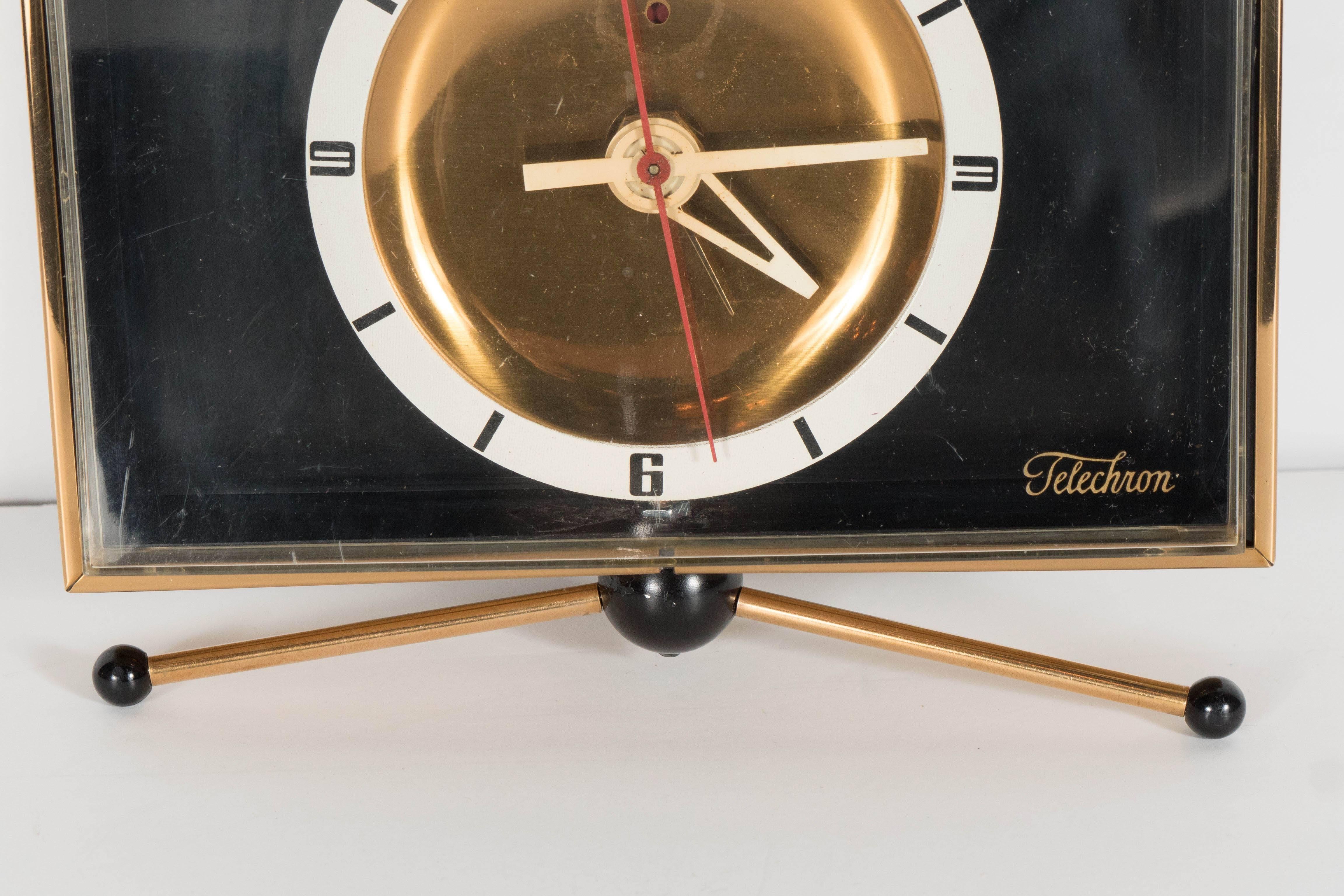 American Sophisticated Mid-Century Modernist Brass Clock on Pedestal by Telechron