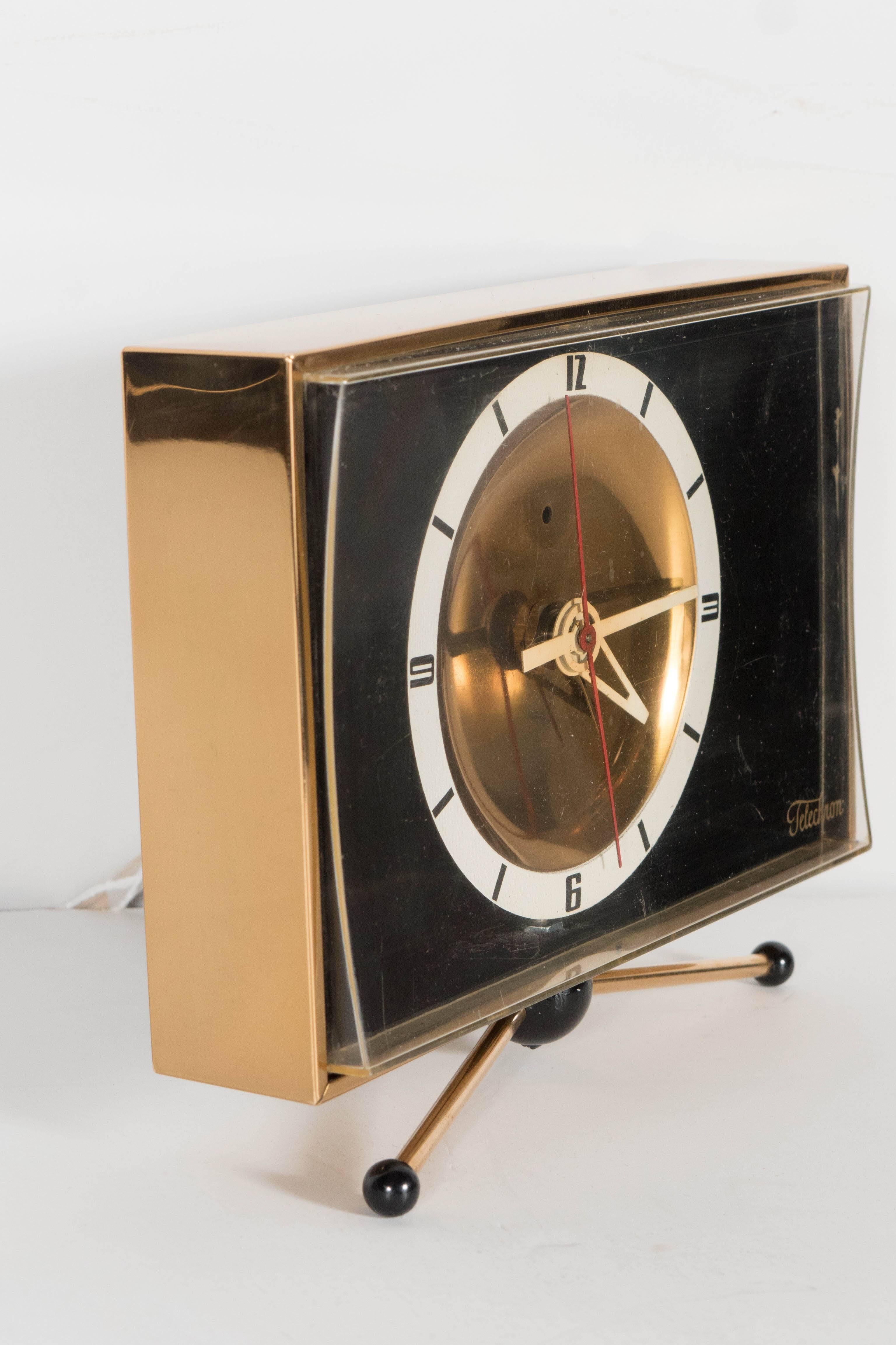 Mid-20th Century Sophisticated Mid-Century Modernist Brass Clock on Pedestal by Telechron