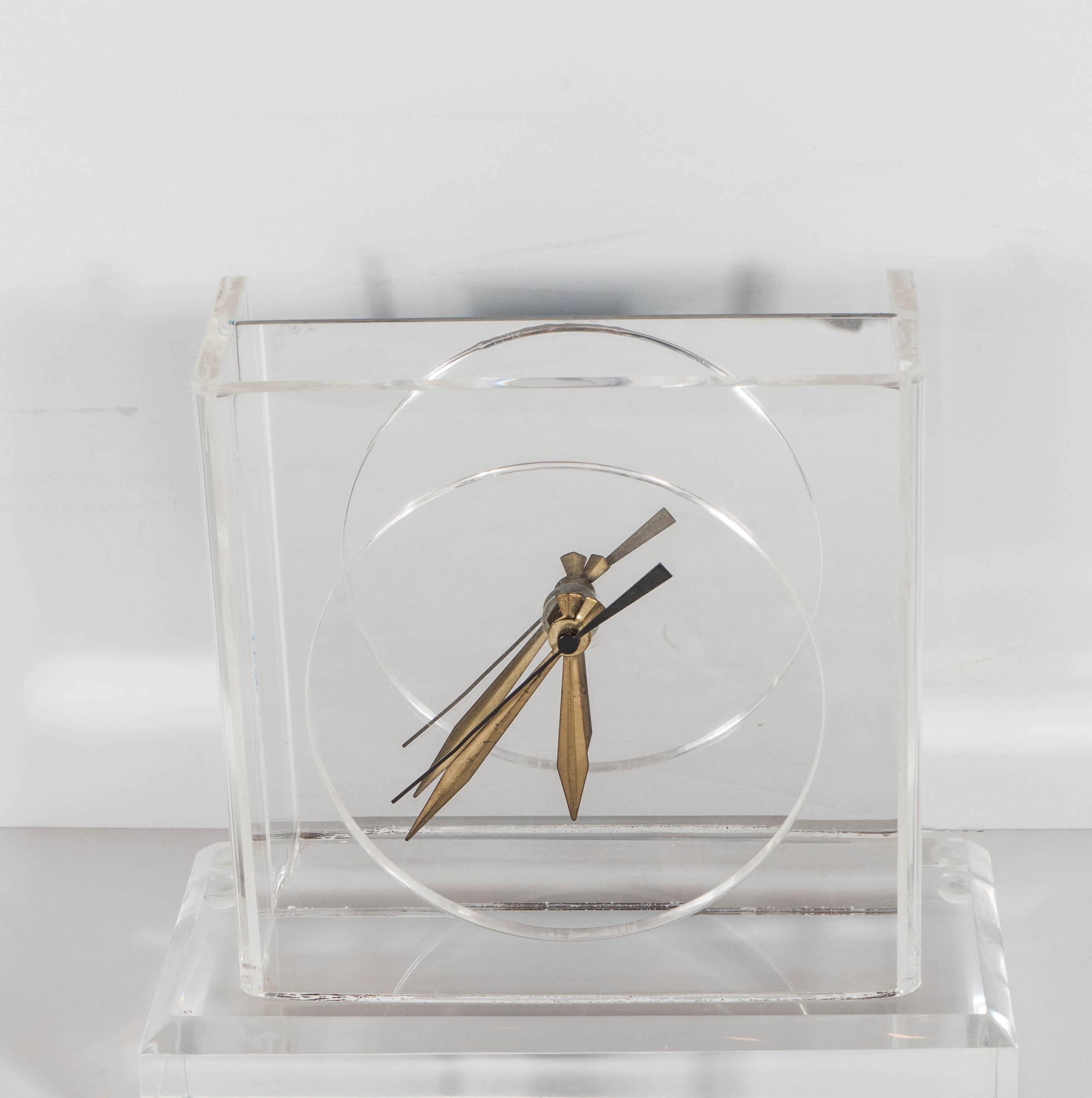 Ultra Chic Mid-Century Modernist Lucite and Mirrored Table Clock In Excellent Condition In New York, NY
