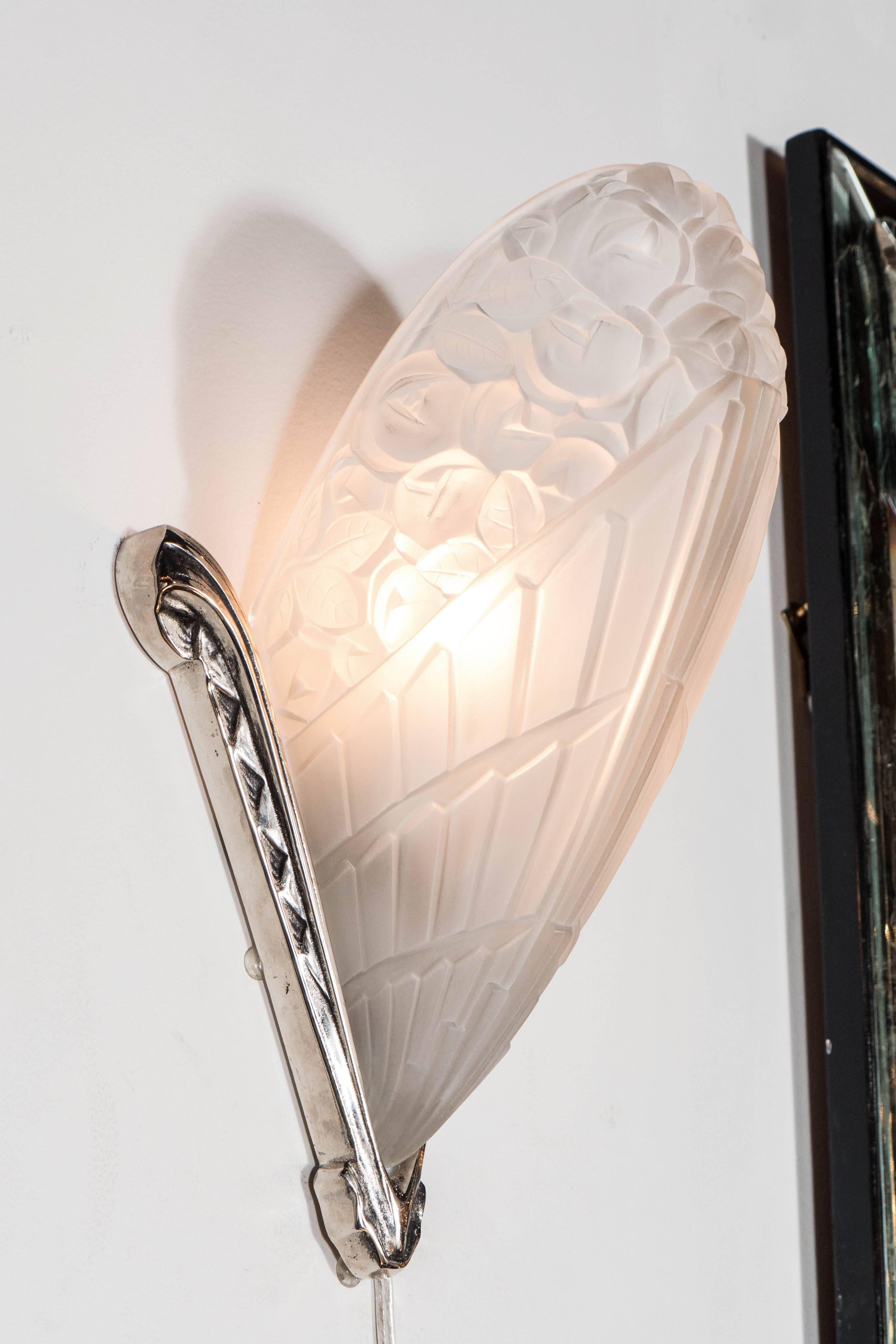 Pair of Gorgeous French Art Deco Relief Glass Sconces by Degue with Bouquet Moti 1