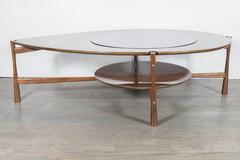 Sculptural Mid-Century Teardrop Cocktail Table in Walnut and Smoked Glass