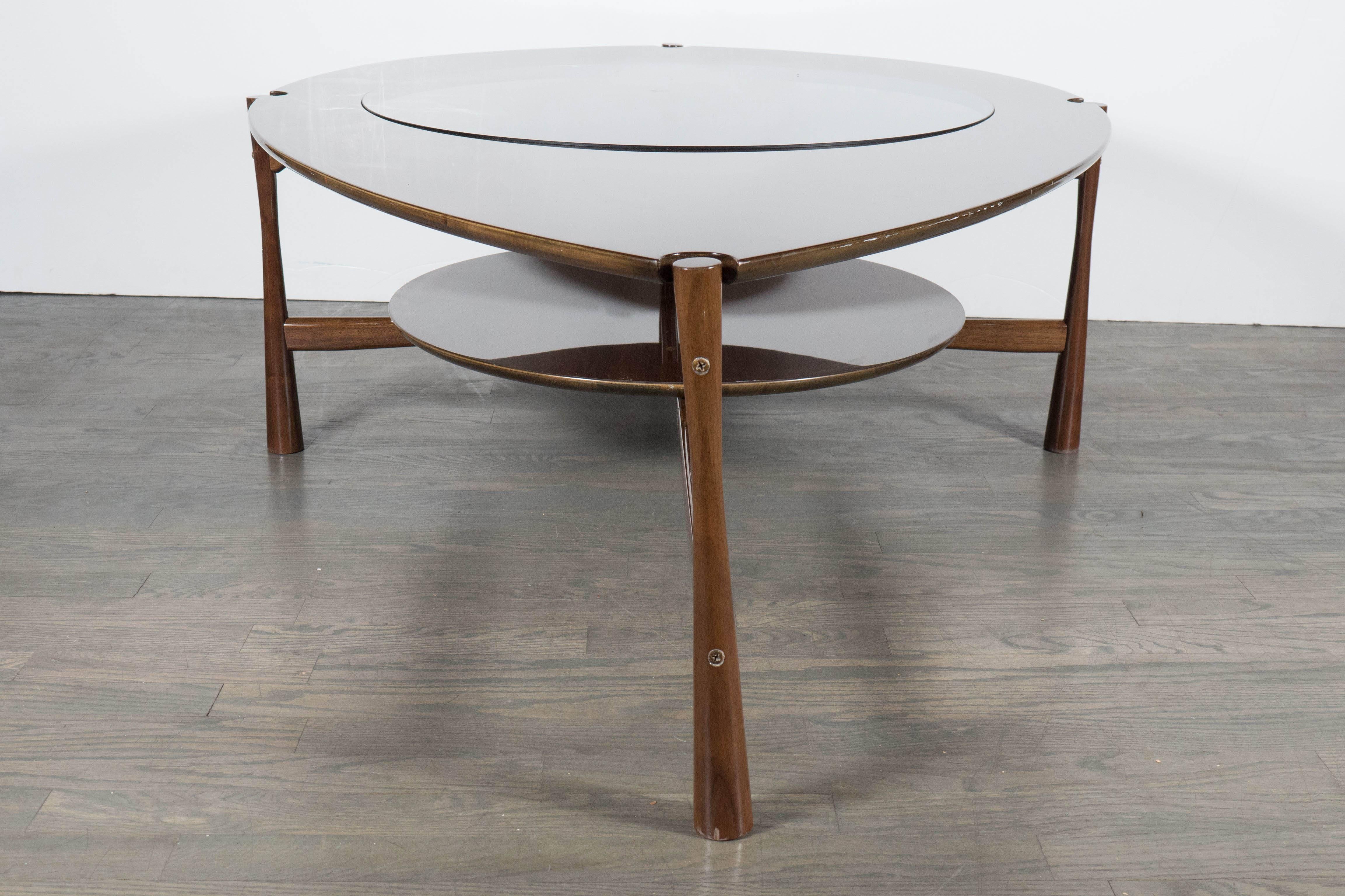 Mid-Century Modern Sculptural Mid-Century Teardrop Cocktail Table in Walnut and Smoked Glass
