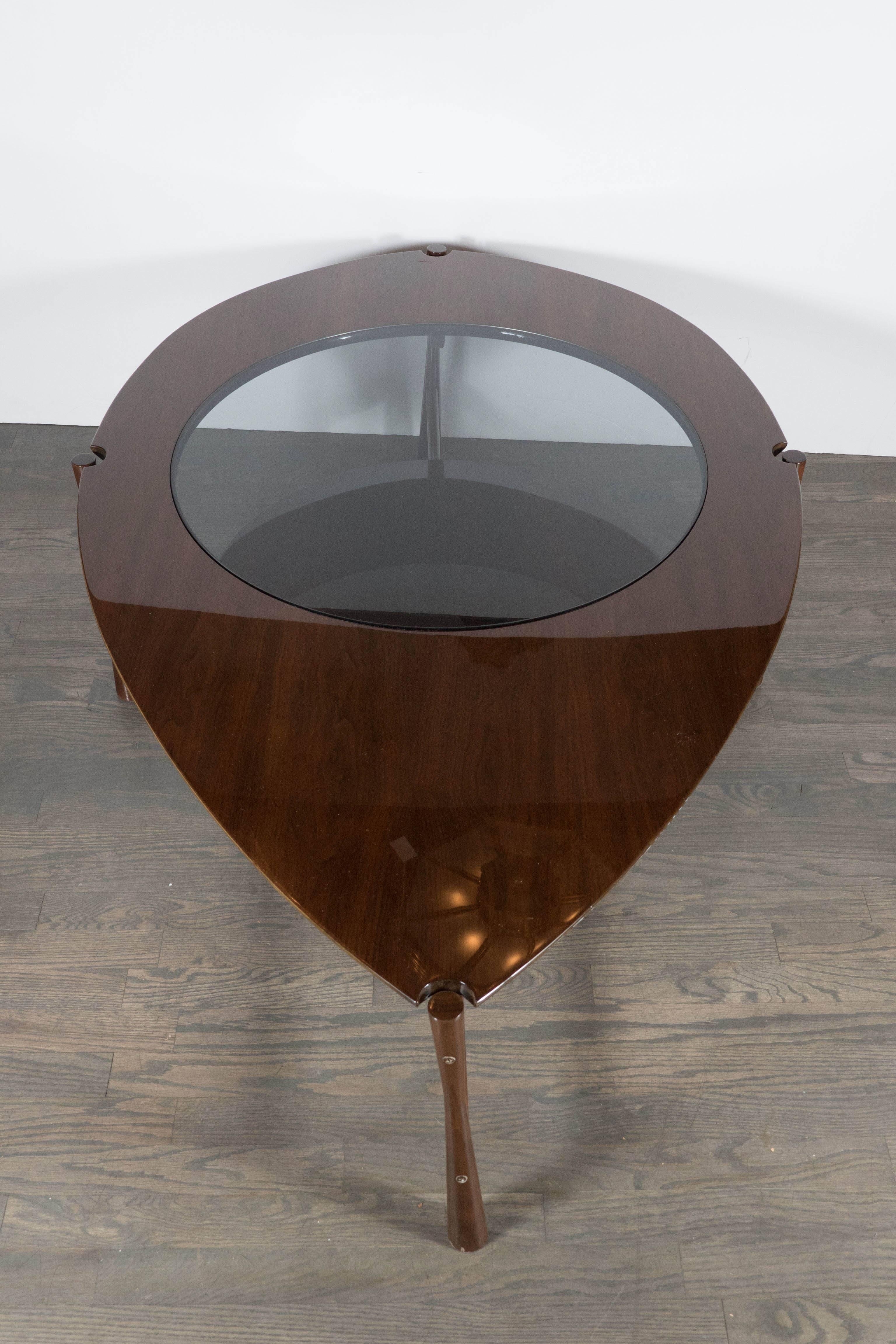 Sculptural Mid-Century Teardrop Cocktail Table in Walnut and Smoked Glass In Excellent Condition In New York, NY