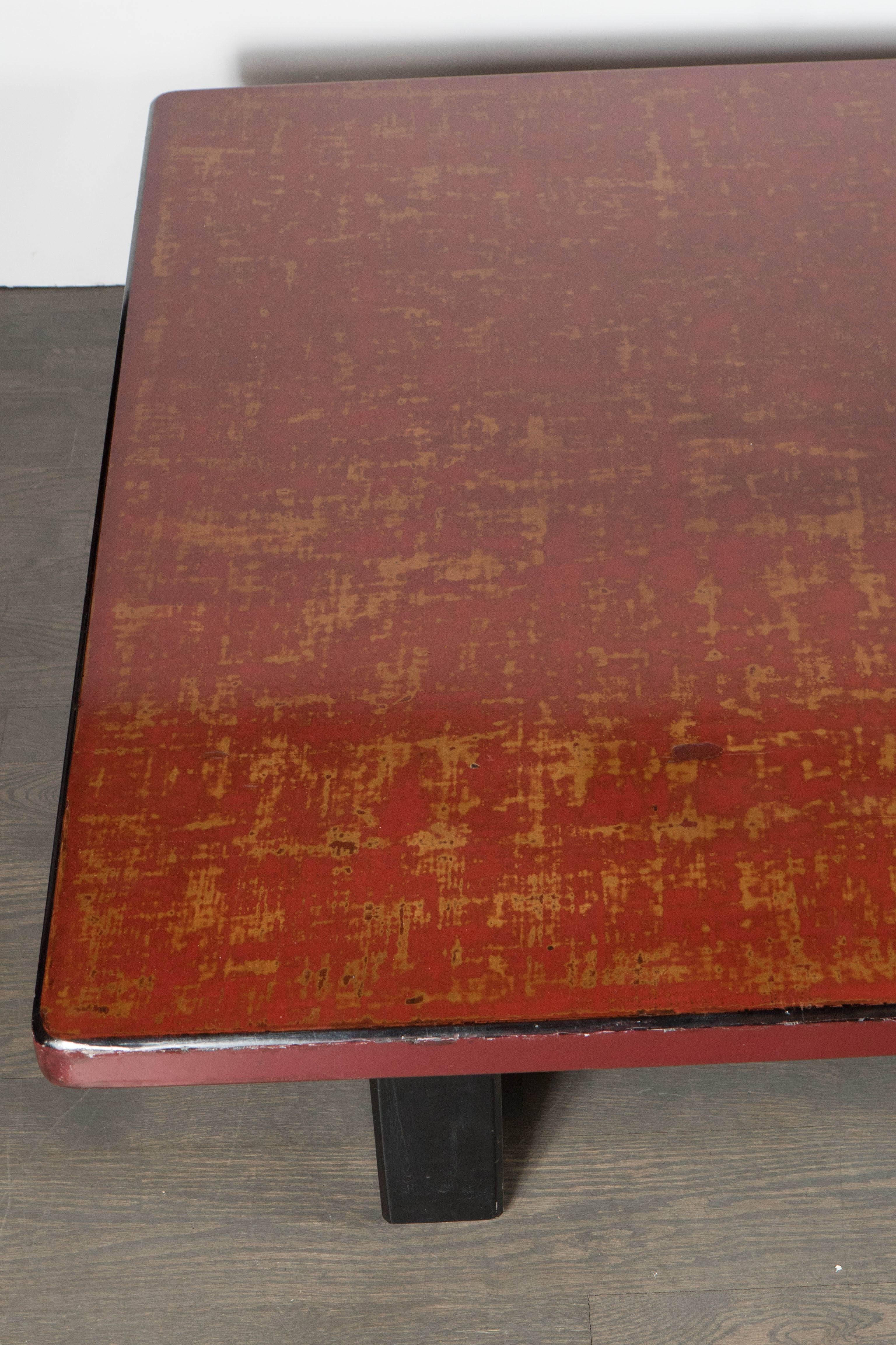 Mid-20th Century Mid-Century Modern Chinese Red Lacquered Coffee Table on Ebonized Table Legs