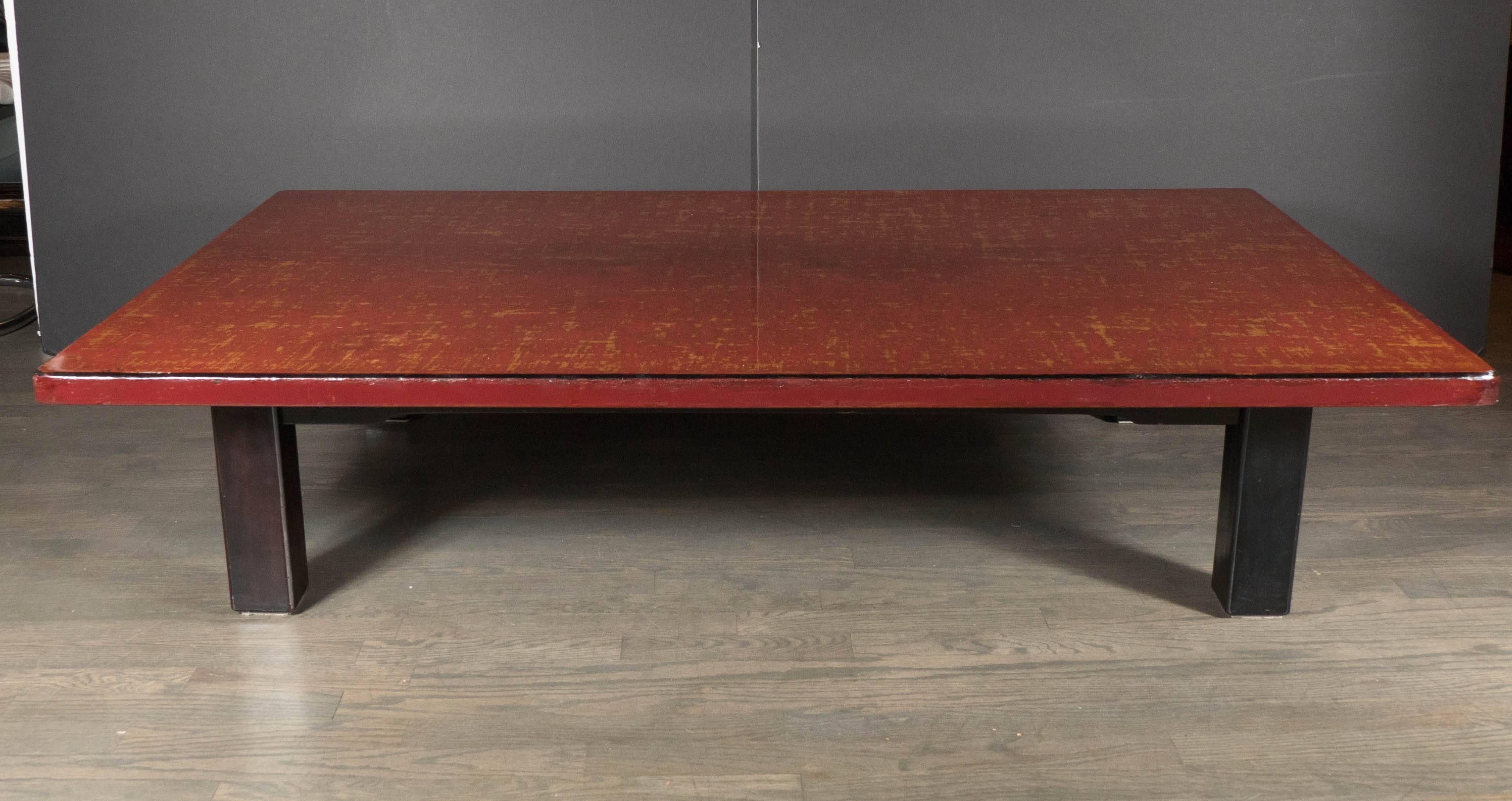 Mid-Century Modern Chinese Red Lacquered Coffee Table on Ebonized Table Legs 3
