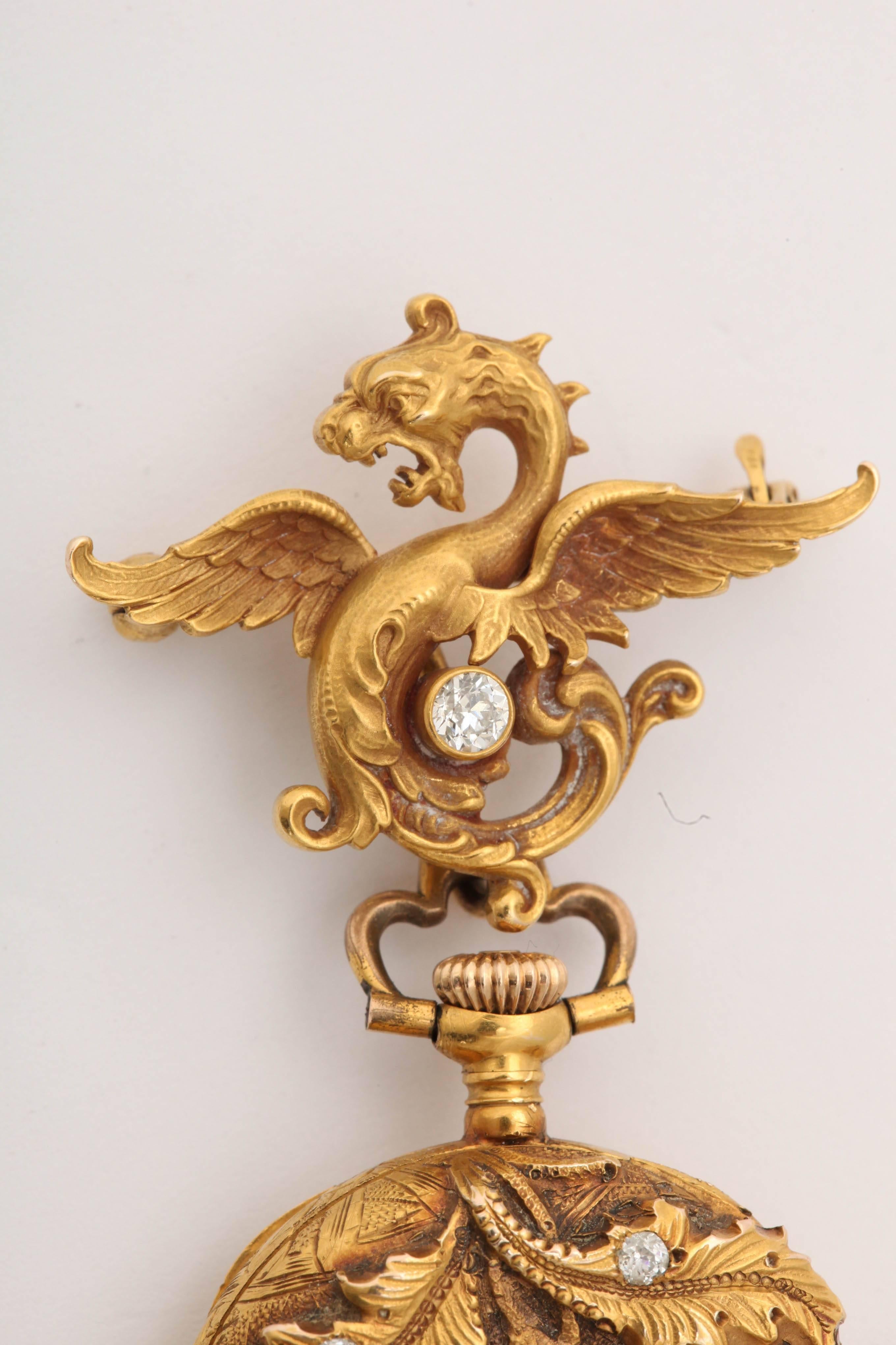 Swiss Art Nouveau 18k Gold and Diamond Pendant Watch