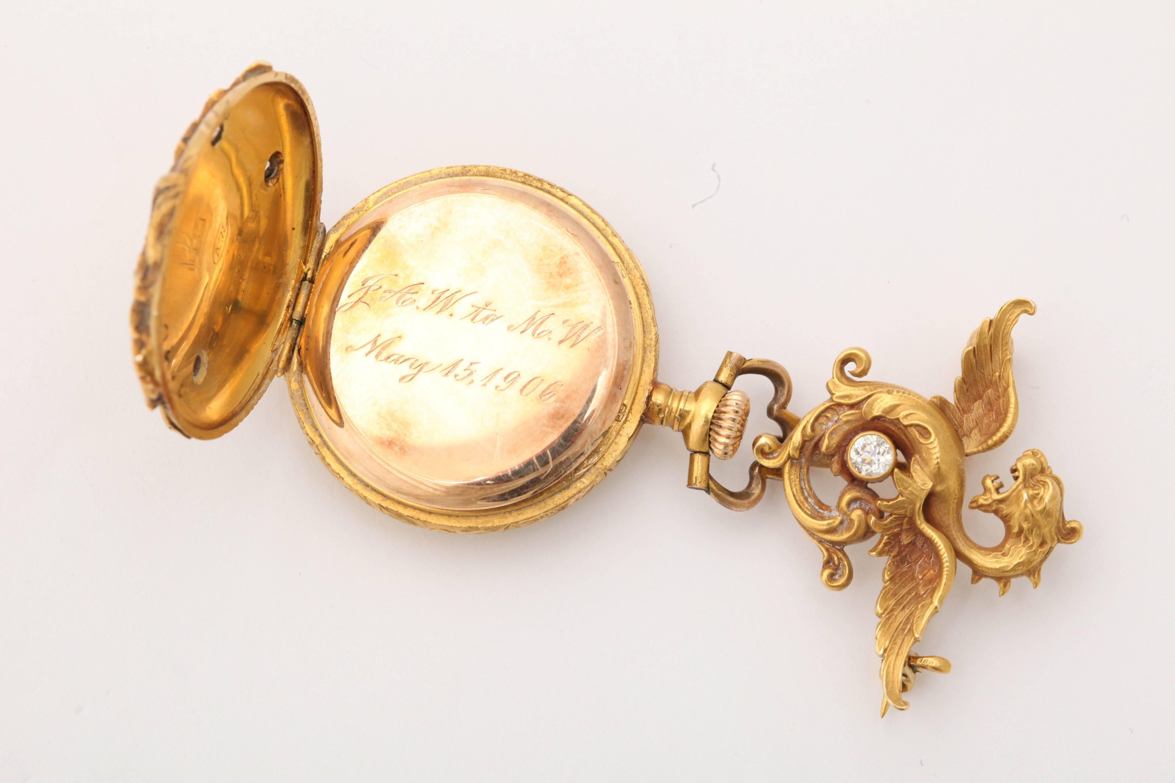 Late 19th Century Art Nouveau 18k Gold and Diamond Pendant Watch