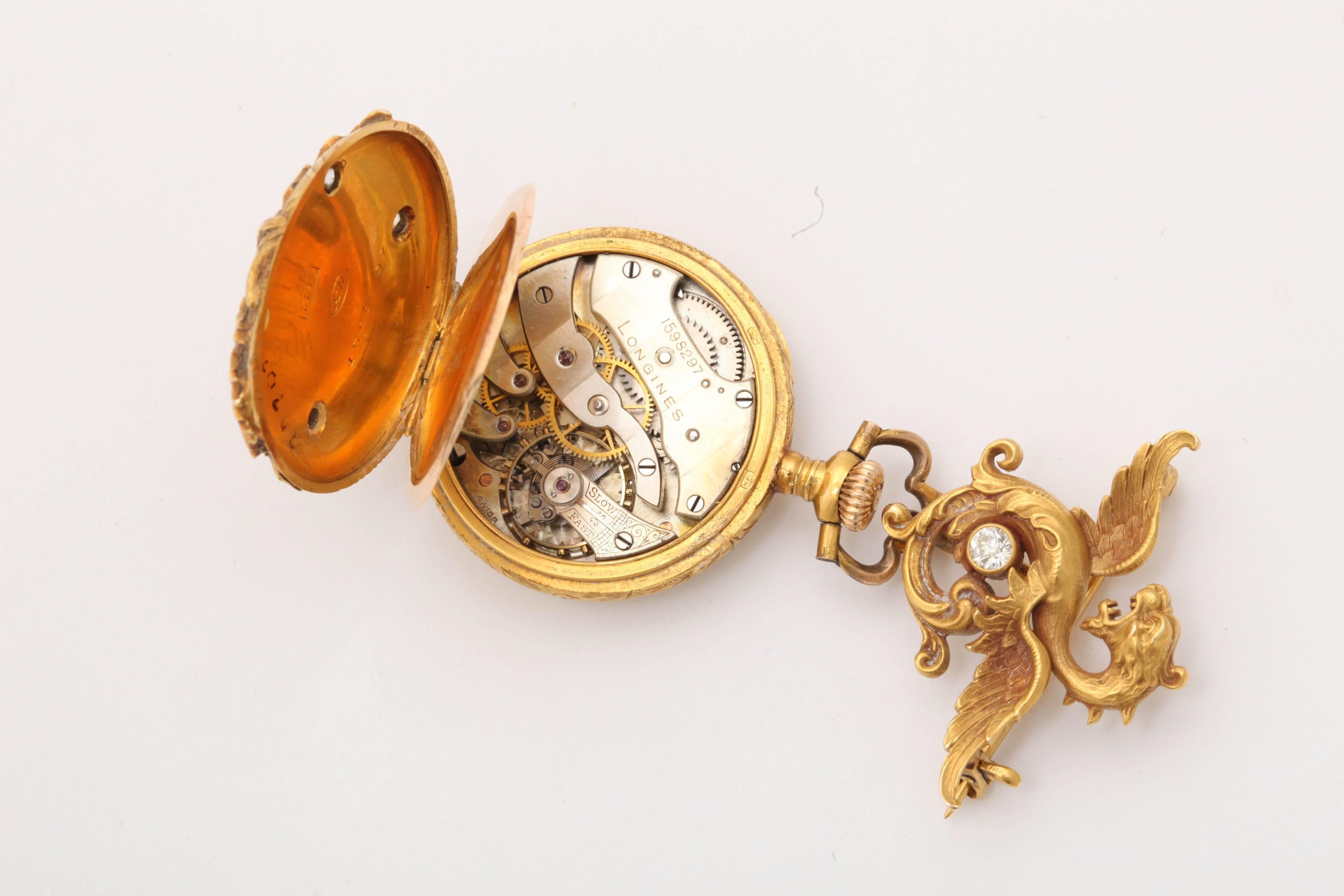 Art Nouveau 18k Gold and Diamond Pendant Watch 1
