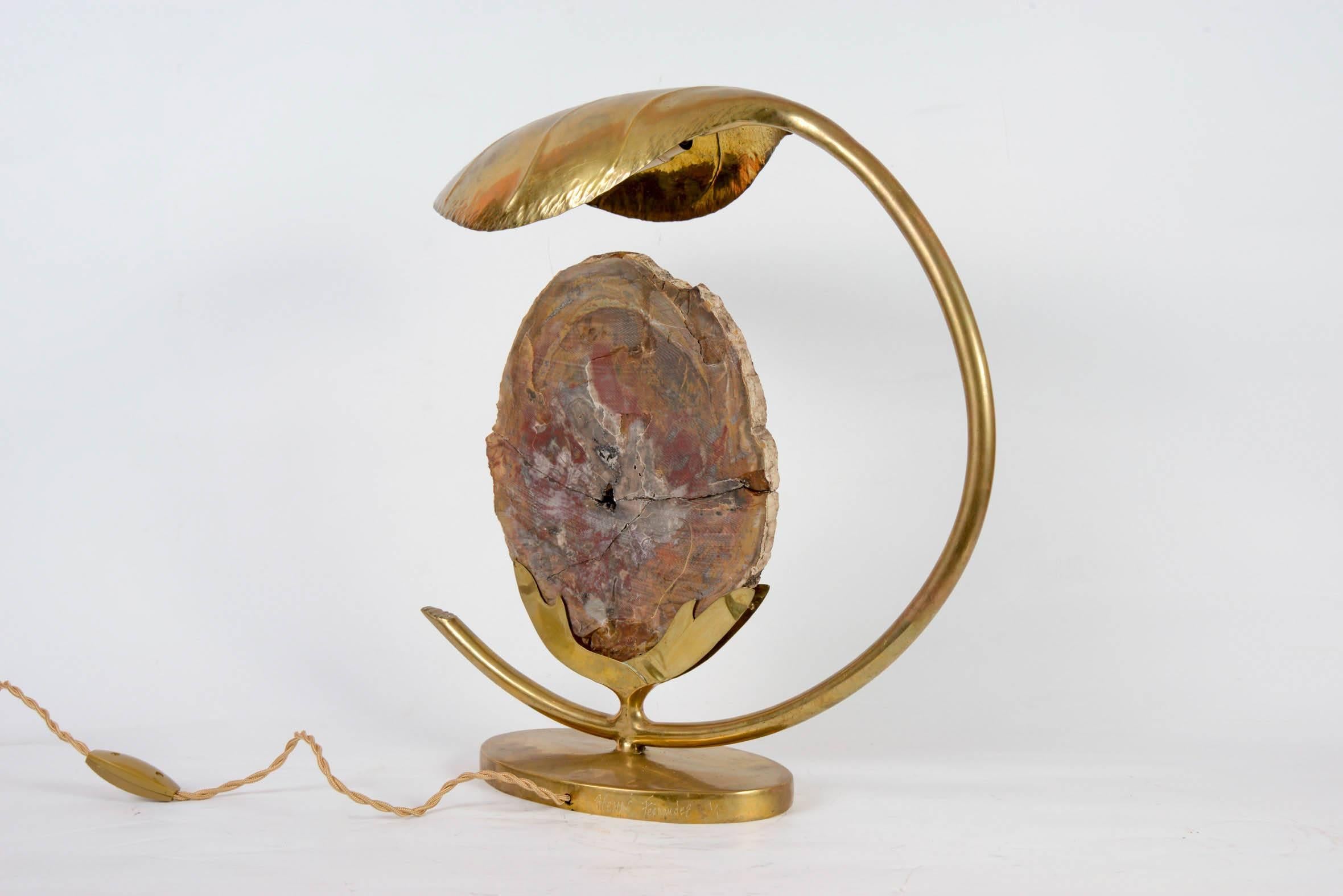 Brass Lamp with Petrified Wood by Henri Fernandez For Sale