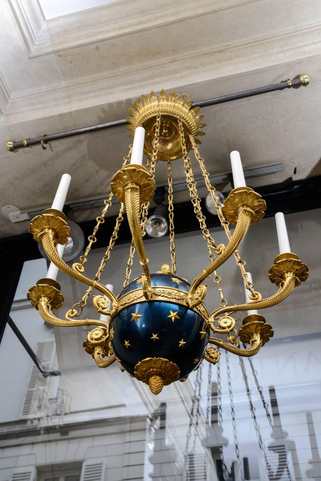 Early 19th Century French Ormolu and Blue Steel Sphere Eight-Light Chandelier Empire Period For Sale