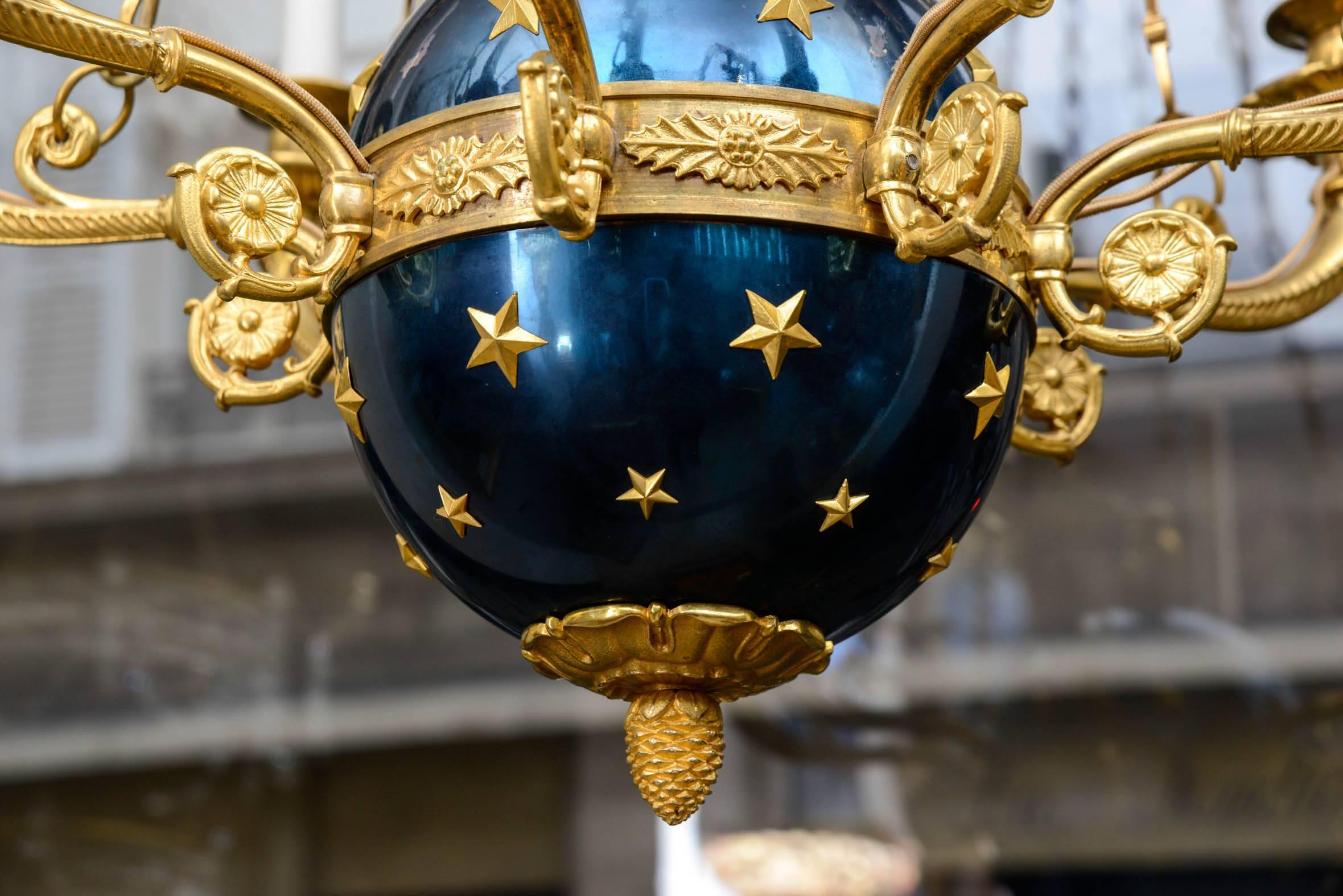 Bronze French Ormolu and Blue Steel Sphere Eight-Light Chandelier Empire Period For Sale