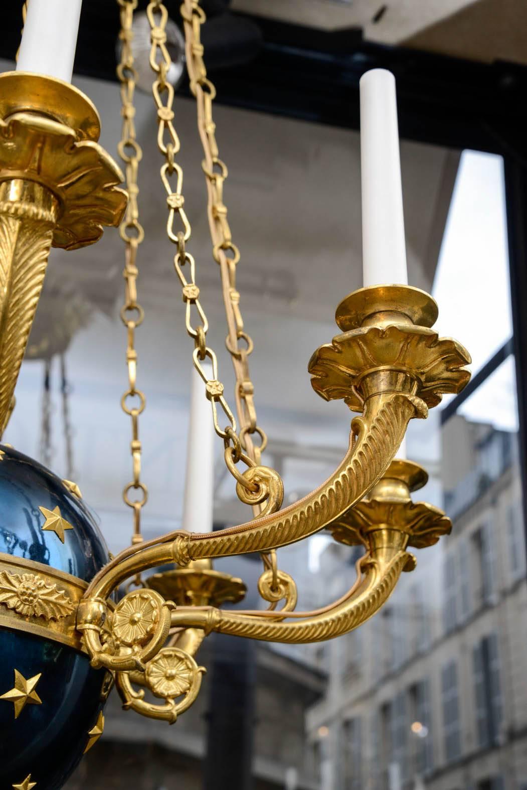 French Ormolu and Blue Steel Sphere Eight-Light Chandelier Empire Period For Sale 1