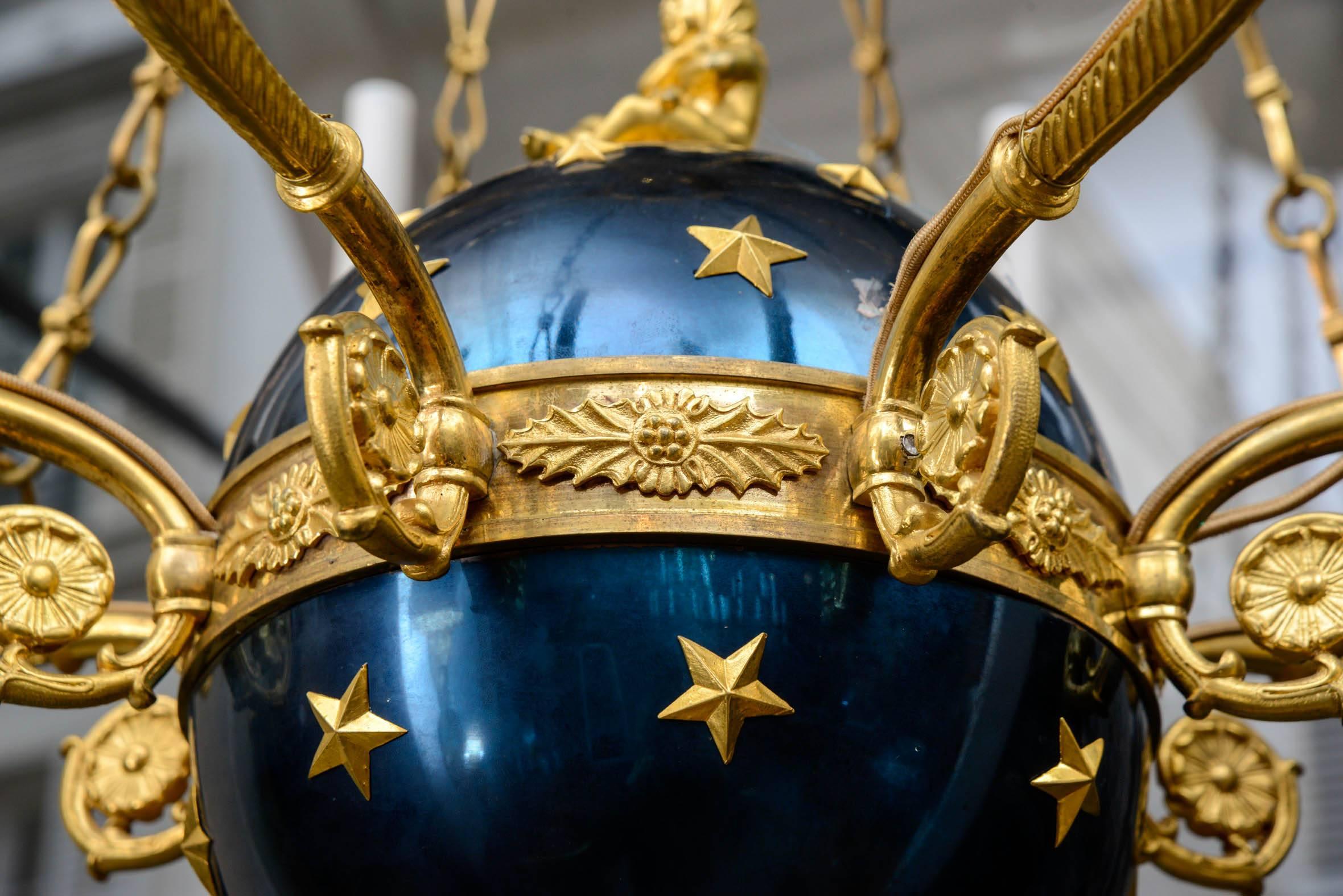 French Ormolu and Blue Steel Sphere Eight-Light Chandelier Empire Period For Sale 2