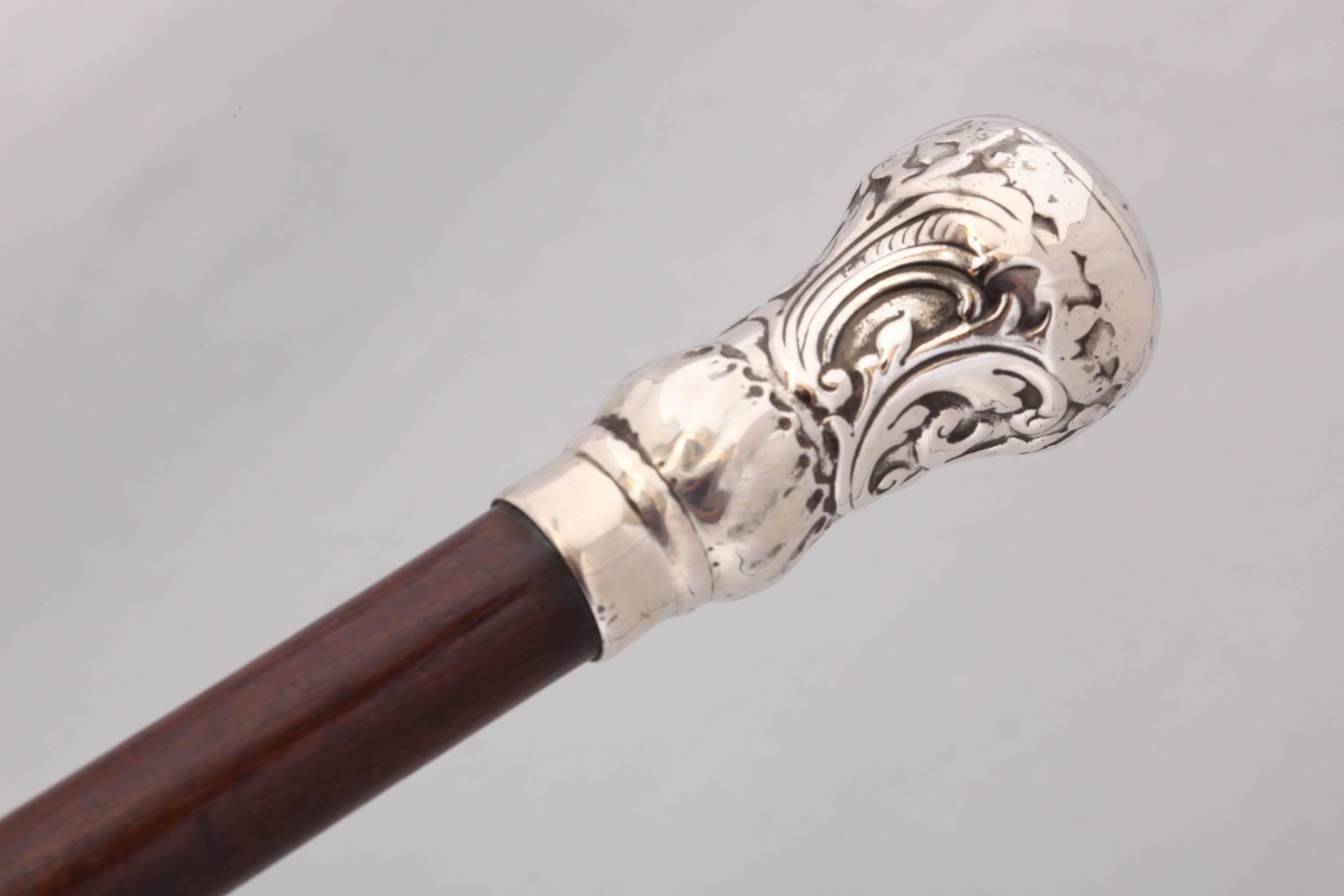 Victorian French Sterling Silver-Mounted Wooden Cane/Walking Stick In Excellent Condition In New York, NY