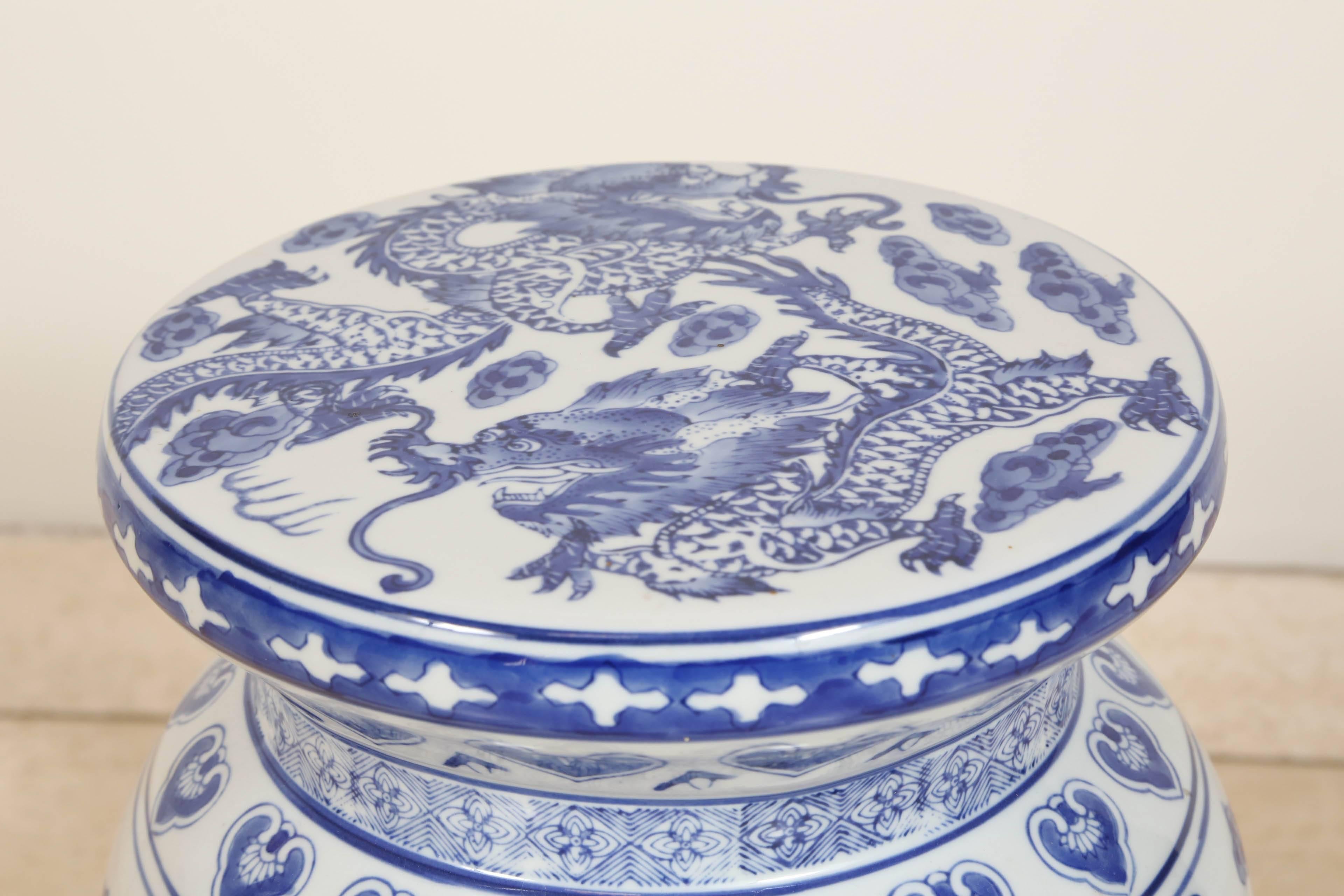 Handcrafted Mid-Century vintage blue and white Chinese ceramic stool with dragons.
Great to use this stool indoor or outdoor as ceramic garden stool, bathroom stool or plant stool.
Light and easy to carry around as an end table or garden