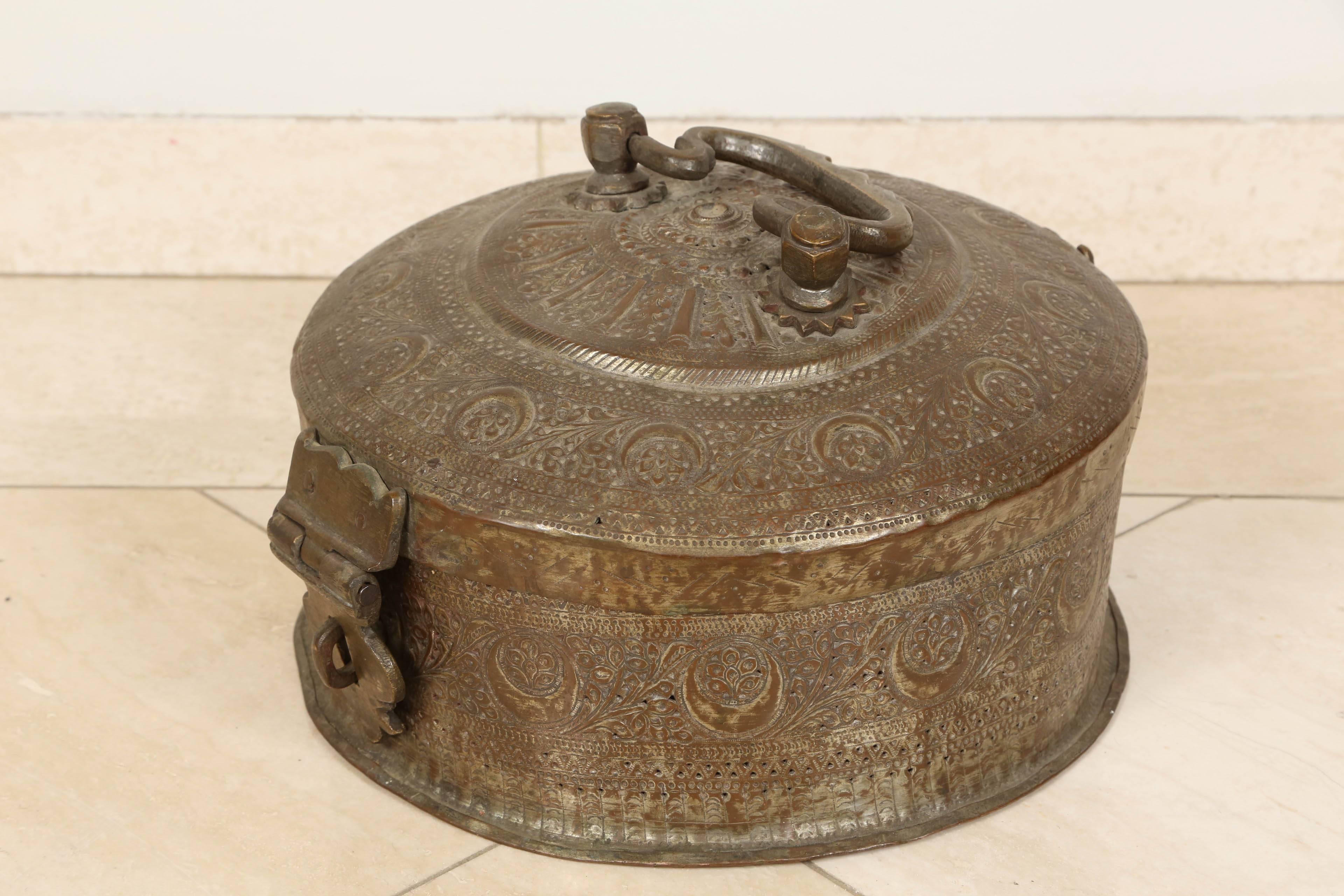 Indian Large Decorative Round Bronze Box with Lid