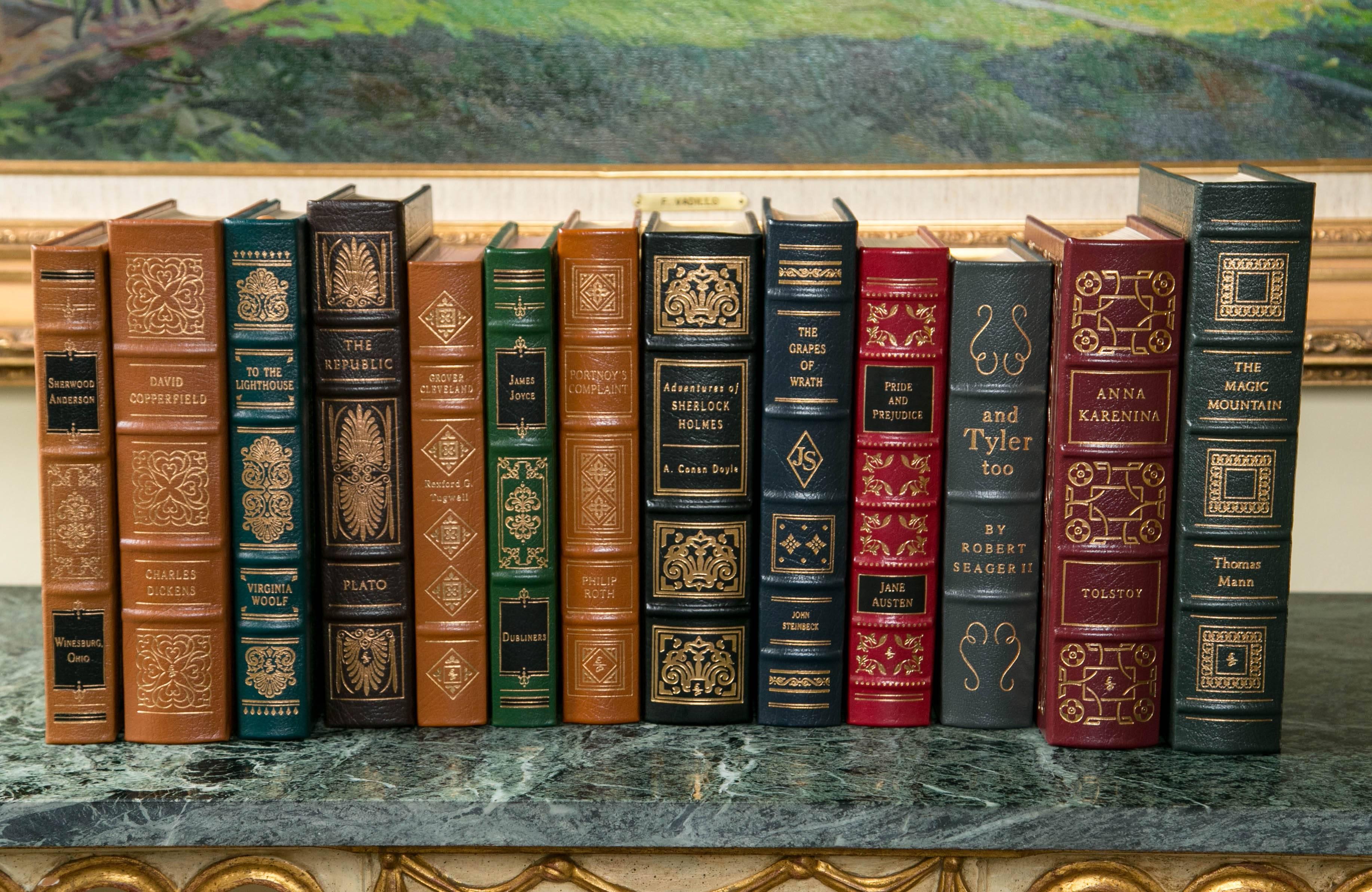 A set of over 100, leather bound hardcover books. This fine collection, mostly by, the Easton Press of Norwalk Connecticut is extensive in size. Several collections such as The Oxford Companion to Literature, The Decline and Fall of The Roman Empire