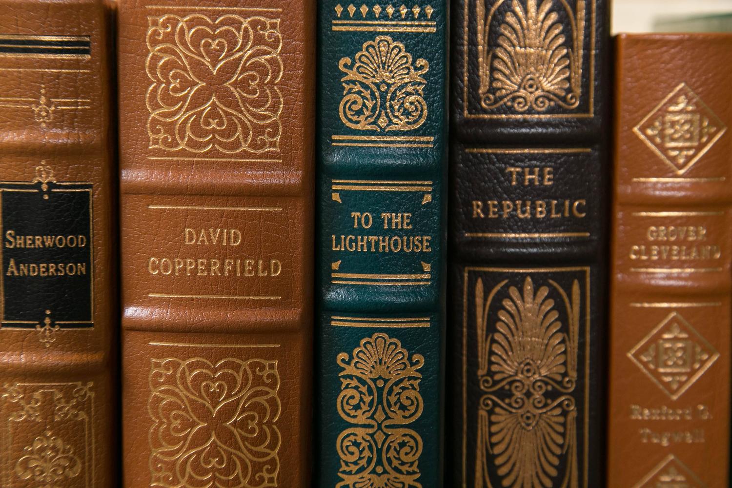 Large Grouping of Leather Bound Gold Leaf Hardcover Books at 1stdibs