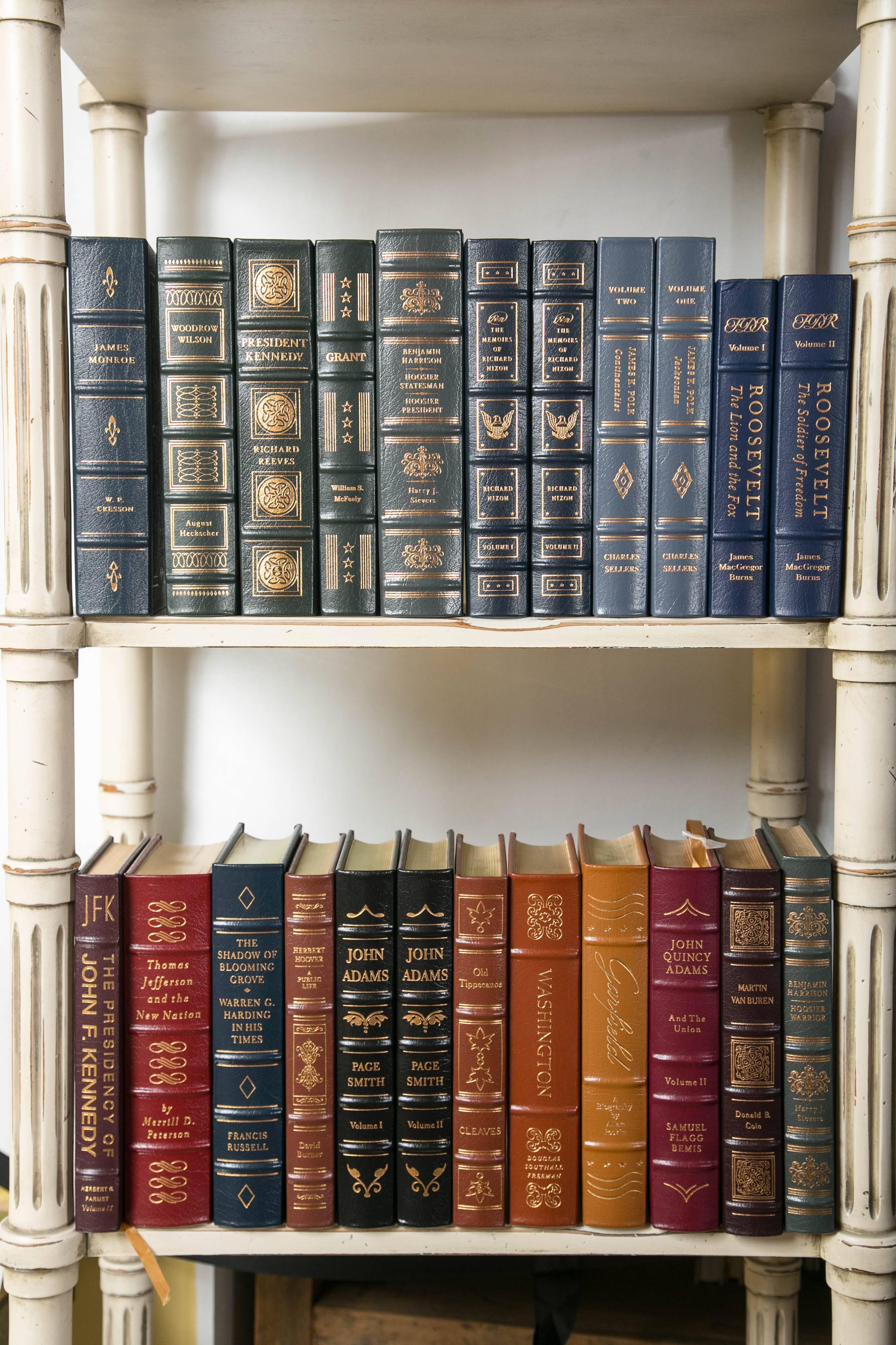Large Grouping of Leather Bound Gold Leaf Hardcover Books In Excellent Condition In Manhasset, NY