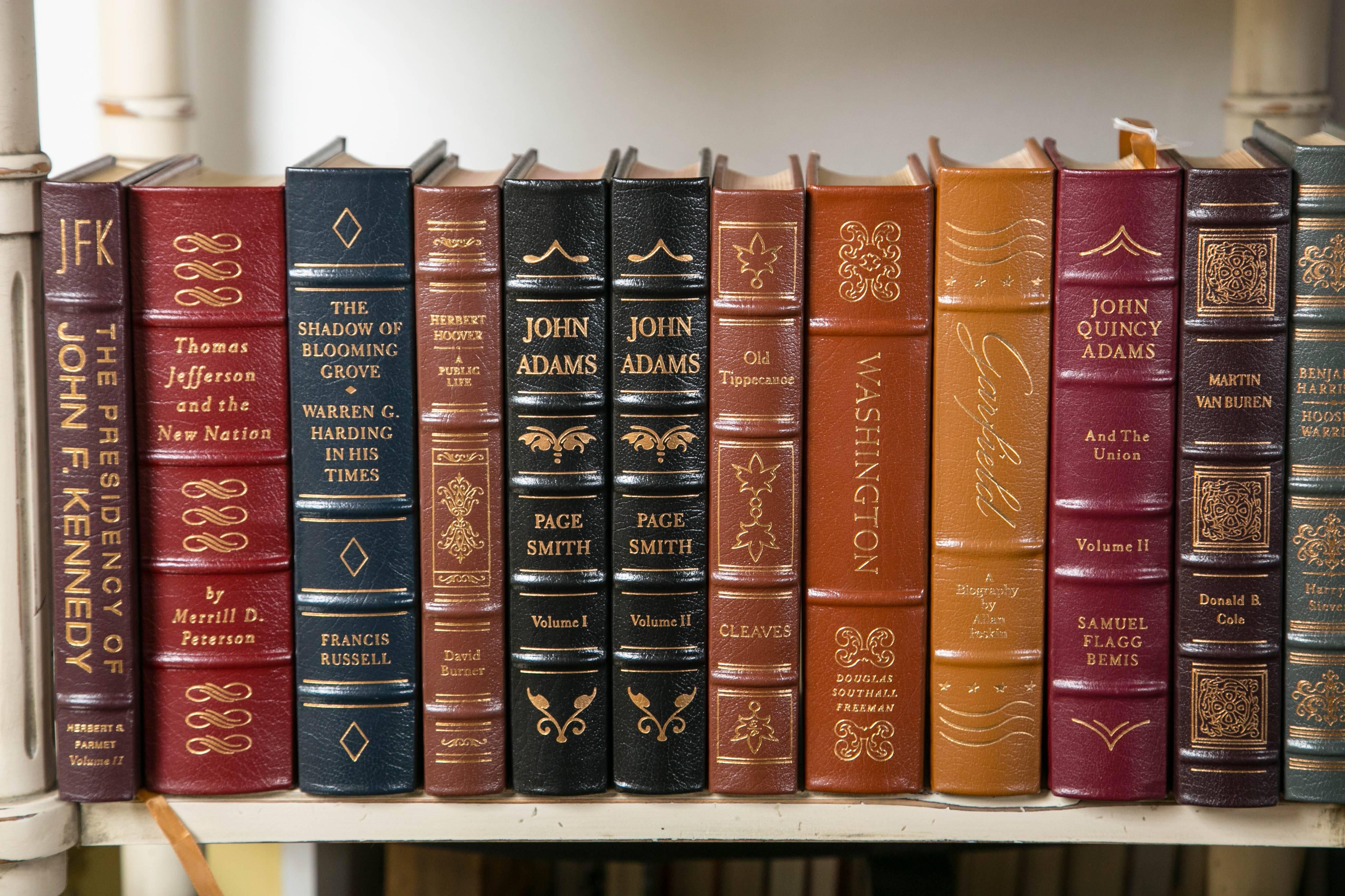 20th Century Large Grouping of Leather Bound Gold Leaf Hardcover Books