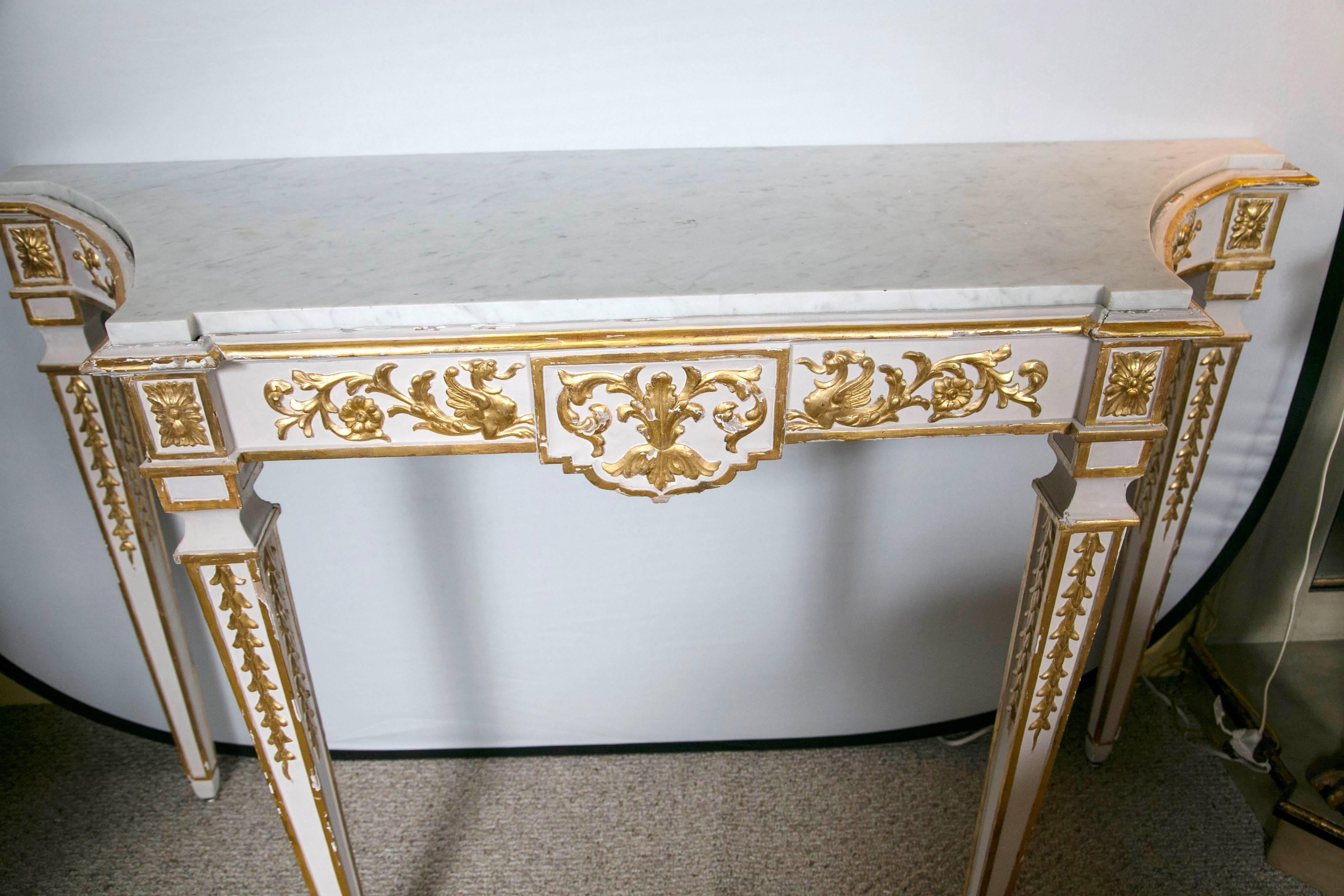 Console Tables Pair Parcel-Gilt and White Painted Italian Neoclassical Style  1