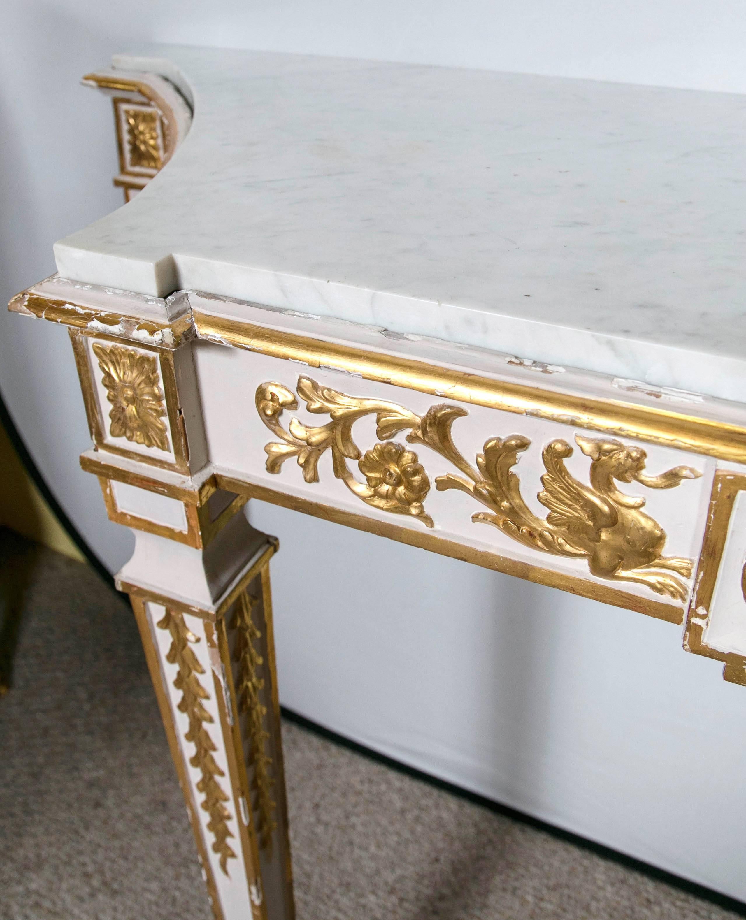Console Tables Pair Parcel-Gilt and White Painted Italian Neoclassical Style  2