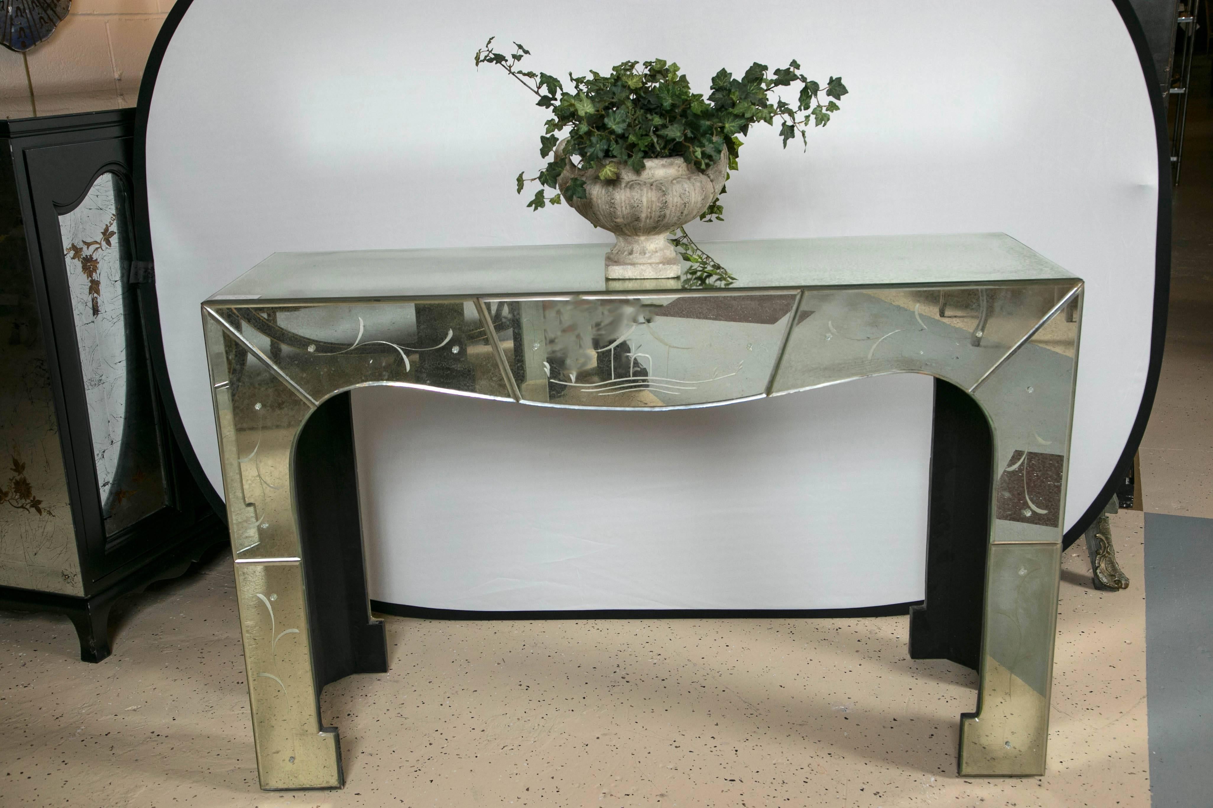 20th Century Pair of Antiqued Pagoda Style Mirrored Console with Subtle Chinese Etchings