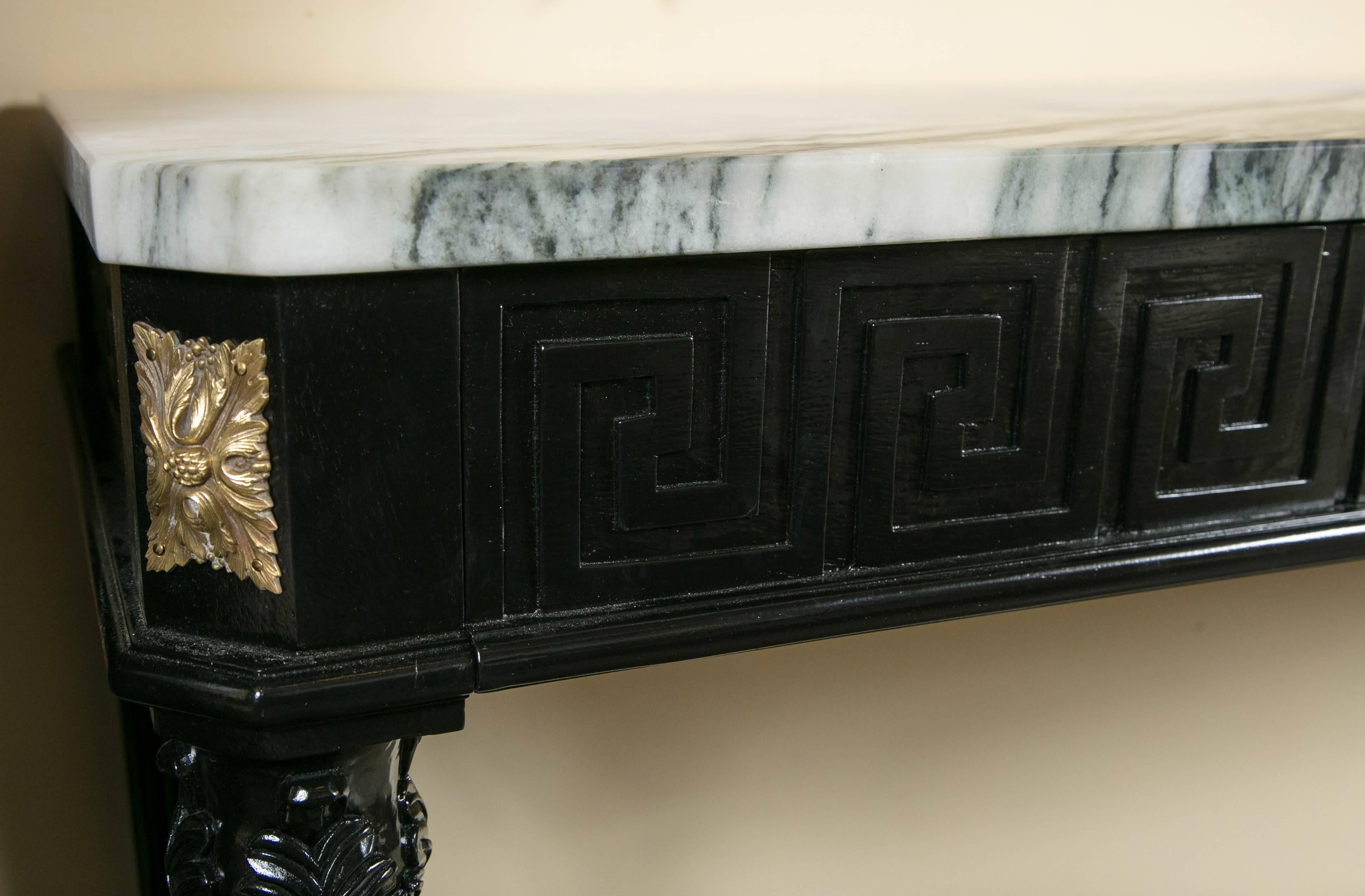French Louis XVI Style Ebonized Marble-Top Greek Key Console Attributed Maison Jansen