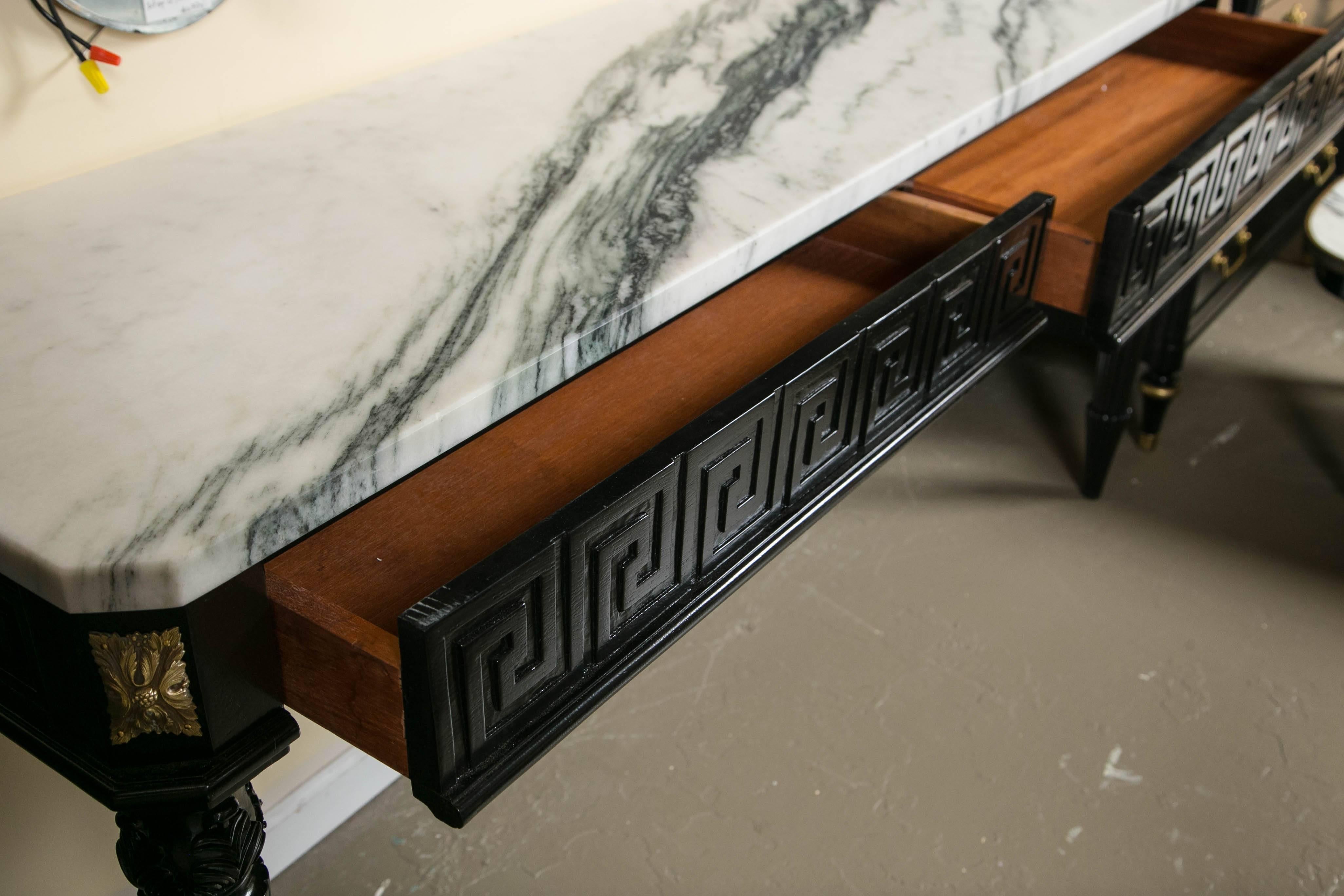 Louis XVI Style Ebonized Marble-Top Greek Key Console Attributed Maison Jansen In Good Condition In Stamford, CT