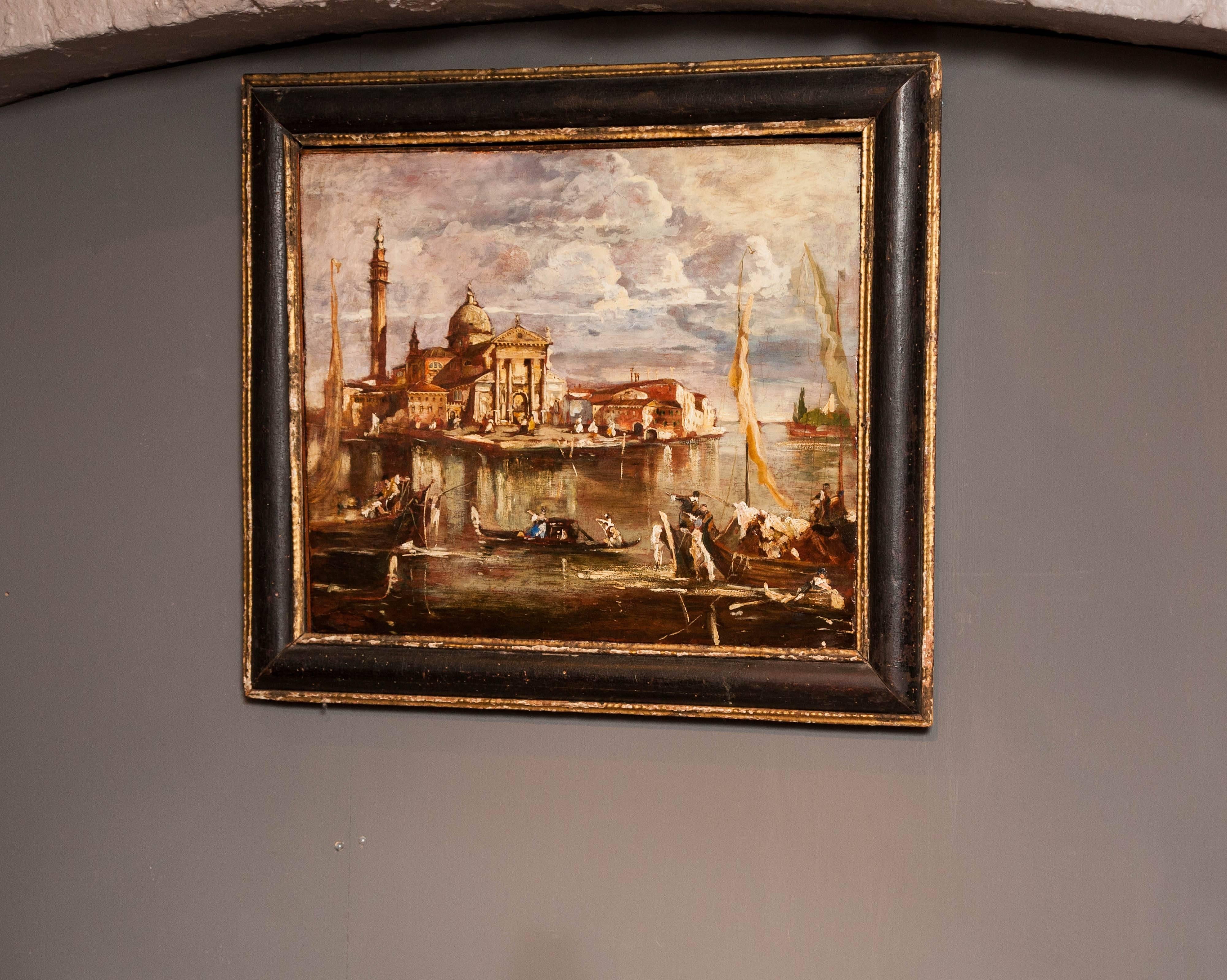 This very detailed and scenic 18th century Italian school oil on board depicting the Venice customs house is circa 1740 and is unsigned, but in the Canaletto style. There has been some sympathetic restoration on the work and although the frame is